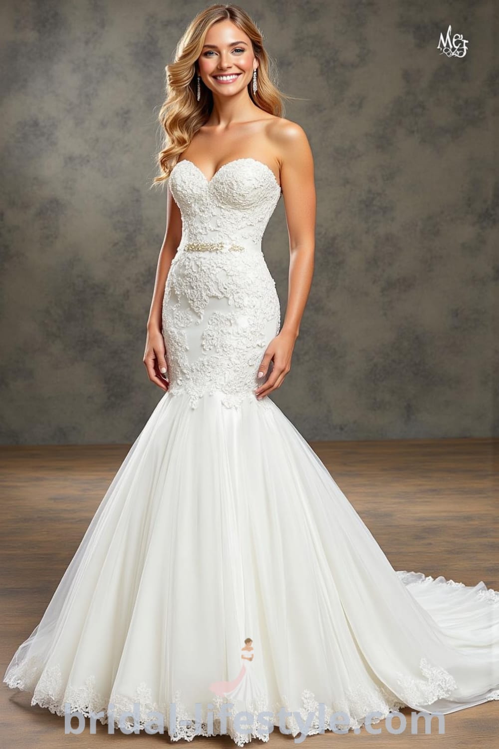 Mermaid wedding dress featuring a sweetheart neckline, intricate lace appliqués, a fitted bodice, and a dramatic tulle skirt with a delicate lace trim along the hem. bridal-lifestyle.com