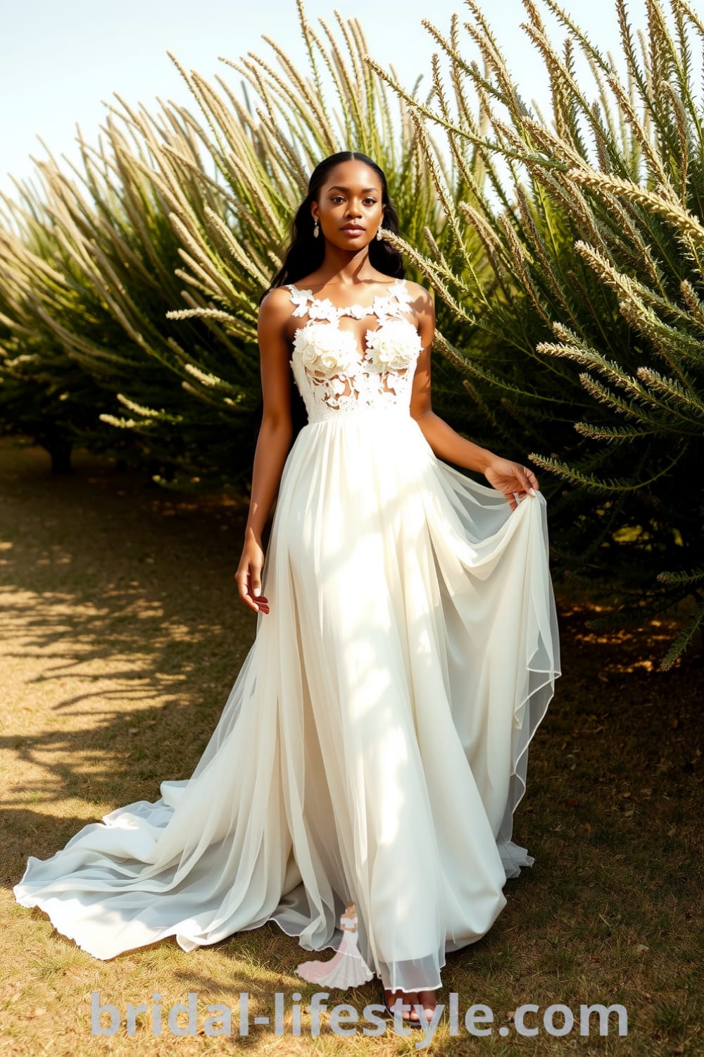 A Black bride in an elegant boho floral wedding dress made from lace and chiffon, featuring intricate floral appliqués that cascade from the neckline to the hem. bridal-lifestyle.com