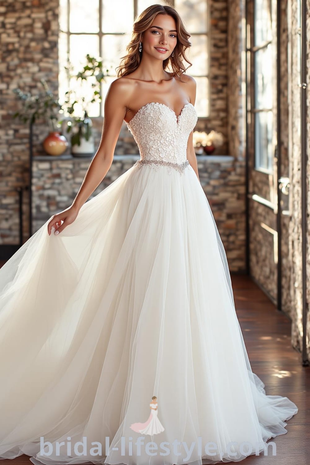 A-line wedding dress featuring intricate lace detailing, a sweetheart neckline, an airy tulle skirt, and delicate beading at the waist. bridal-lifestyle.com