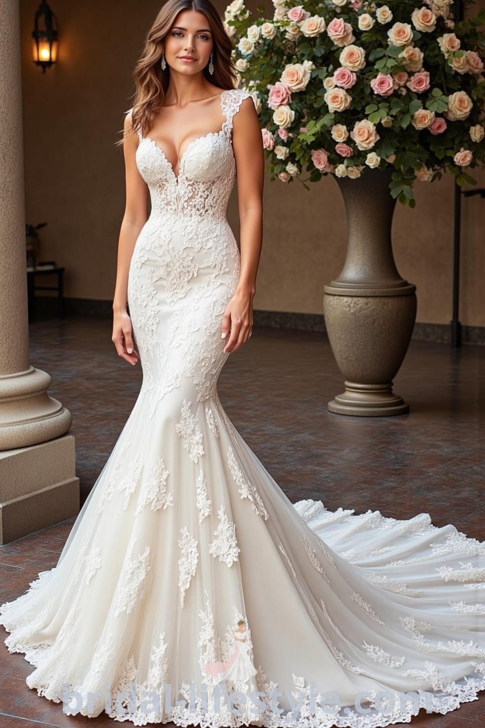 Mermaid wedding dress featuring intricate lace details, a sweetheart neckline, and a soft flounce at the hem in soft ivory. bridal-lifestyle.com