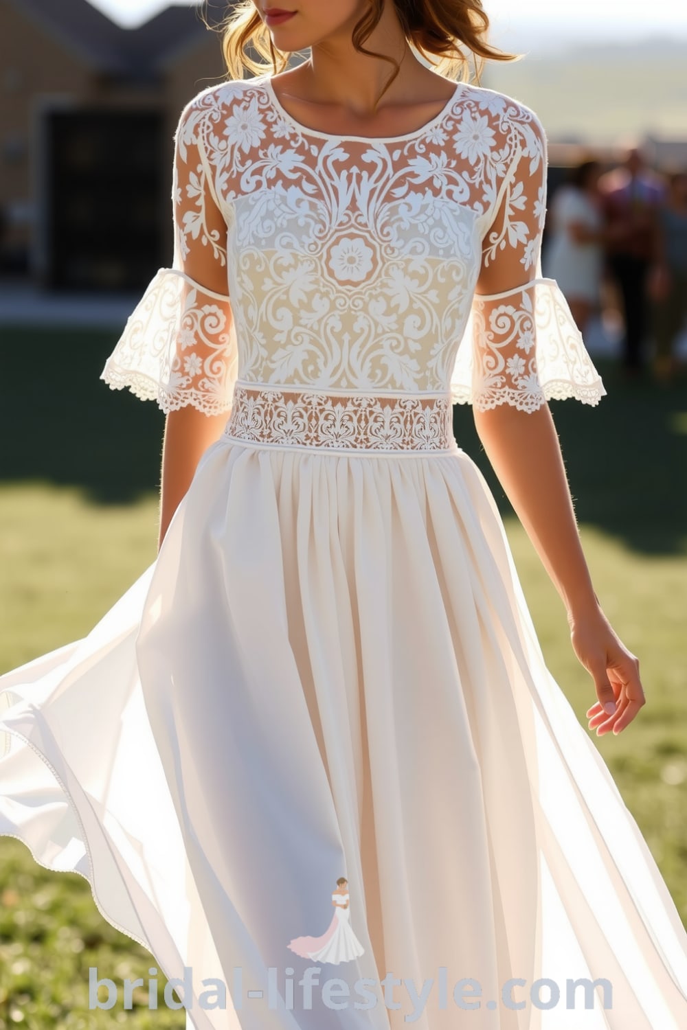 A Boho two-piece bridal dress with an embroidered lace crop top, delicate sleeves, and a flowing chiffon skirt. Ideal for outdoor ceremonies. bridal-lifestyle.com