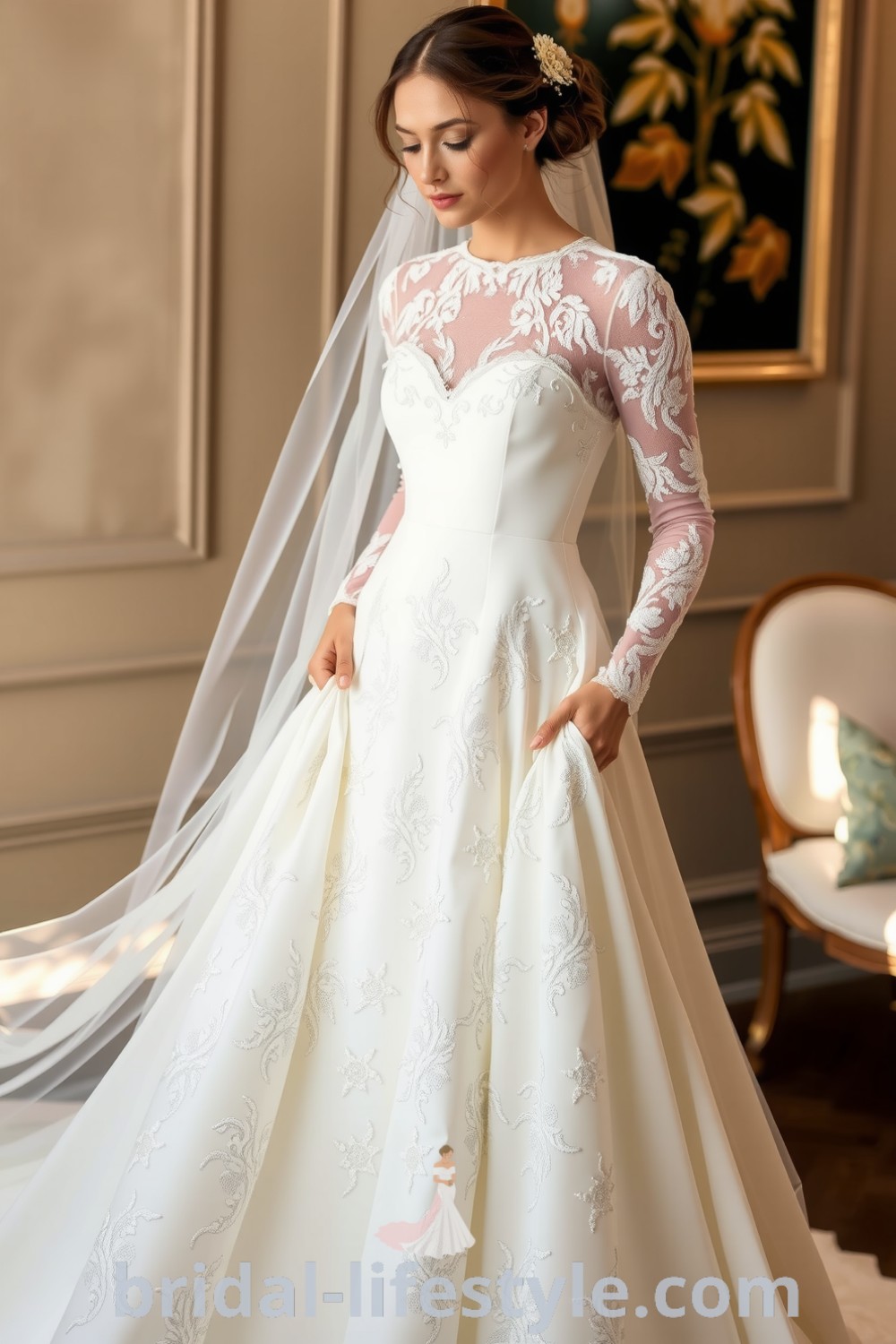 A stunning vintage lace wedding dress with intricate floral patterns, fitted bodice, flowing skirt, and illusion neckline. bridal-lifestyle.com