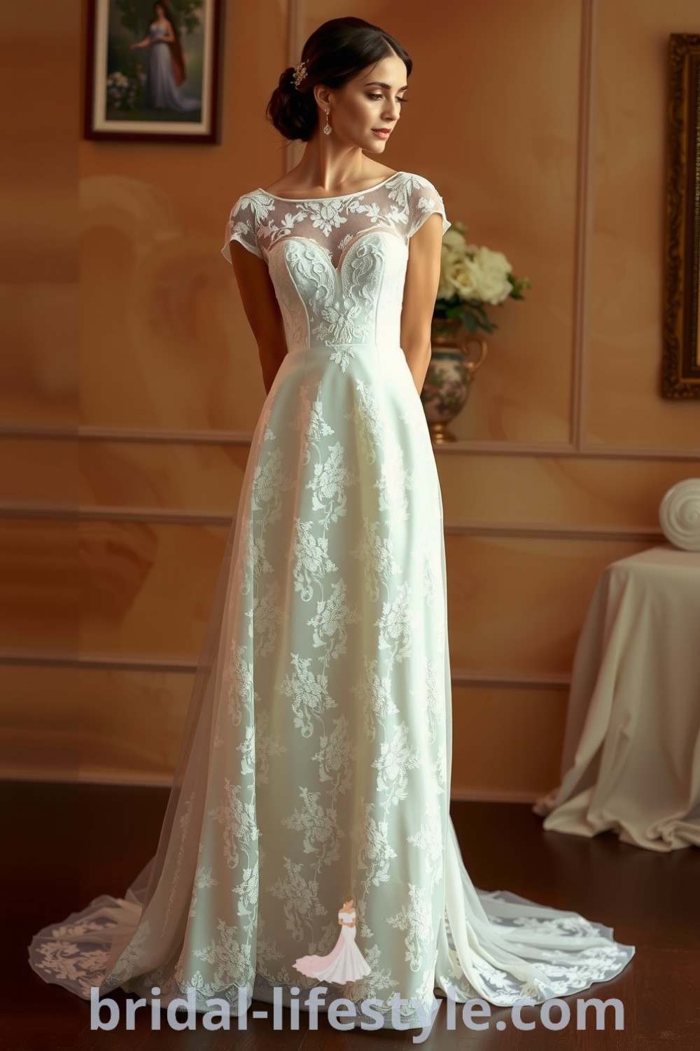 Vintage lace wedding dress featuring A-line silhouette, floral patterns, cap sleeves, and a subtle train. bridal-lifestyle.com
