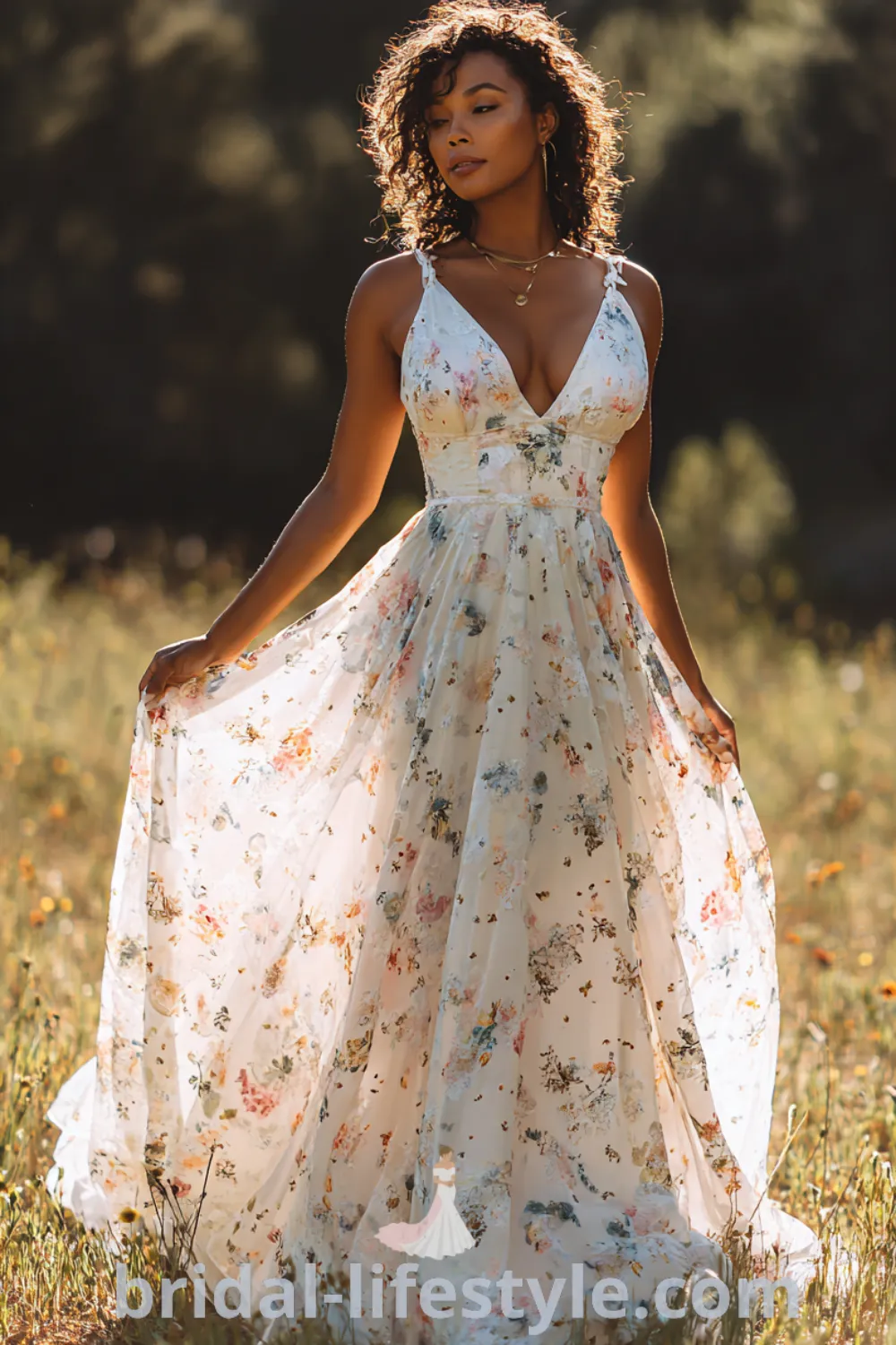 Bohemian floral bridal gown in A-line silhouette, free-spirited floral wedding dress, garden wedding venue, romantic vibes.