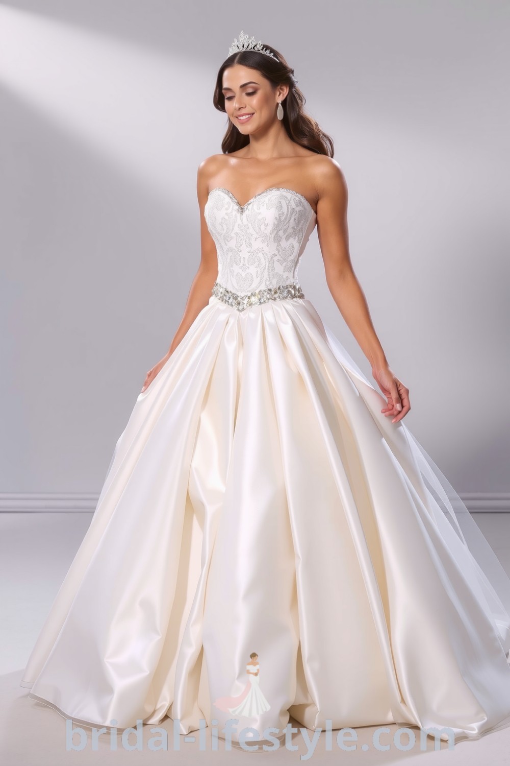 Elegant princess gown crafted from satin and tulle with intricate lace detailing and shimmering embellishments. The full skirt cascades to the floor, creating a dreamy silhouette for every bride