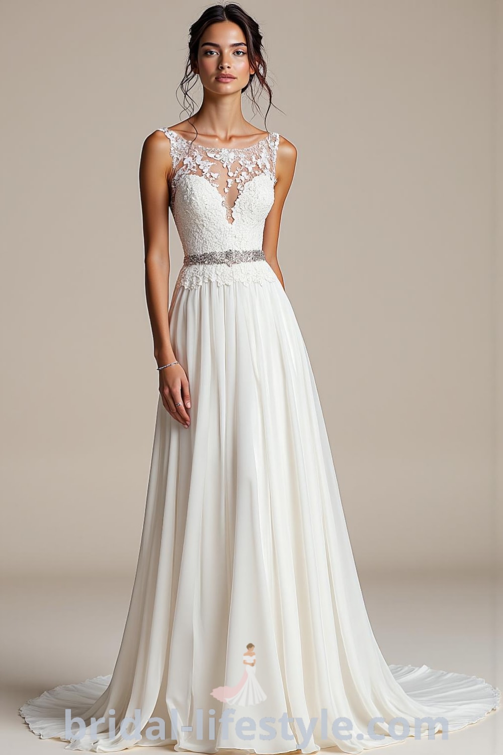 A-line wedding dress with boat neck, satin fabric, intricately embroidered lace overlay, and delicate waist belt. bridal-lifestyle.com