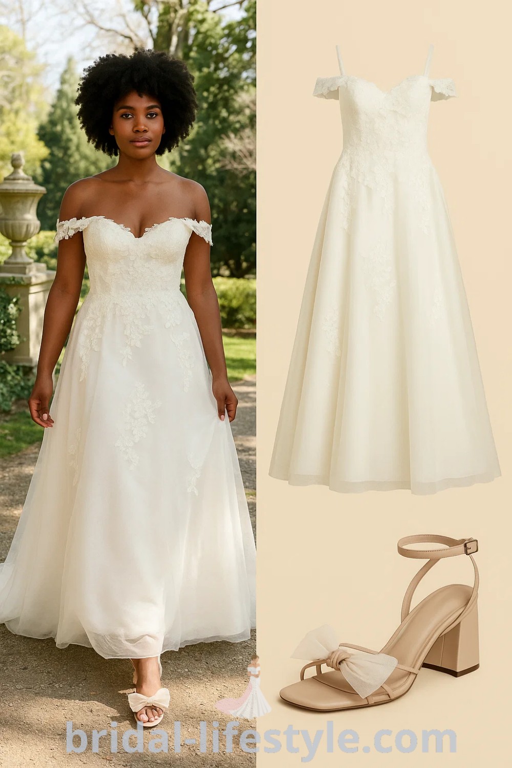 A-Line Lace wedding dress in white with floral details, featuring an off-the-shoulder design and complemented by tan open-toe block heels, ideal for weddings and special occasions, available at pinshoesoutfits.com.