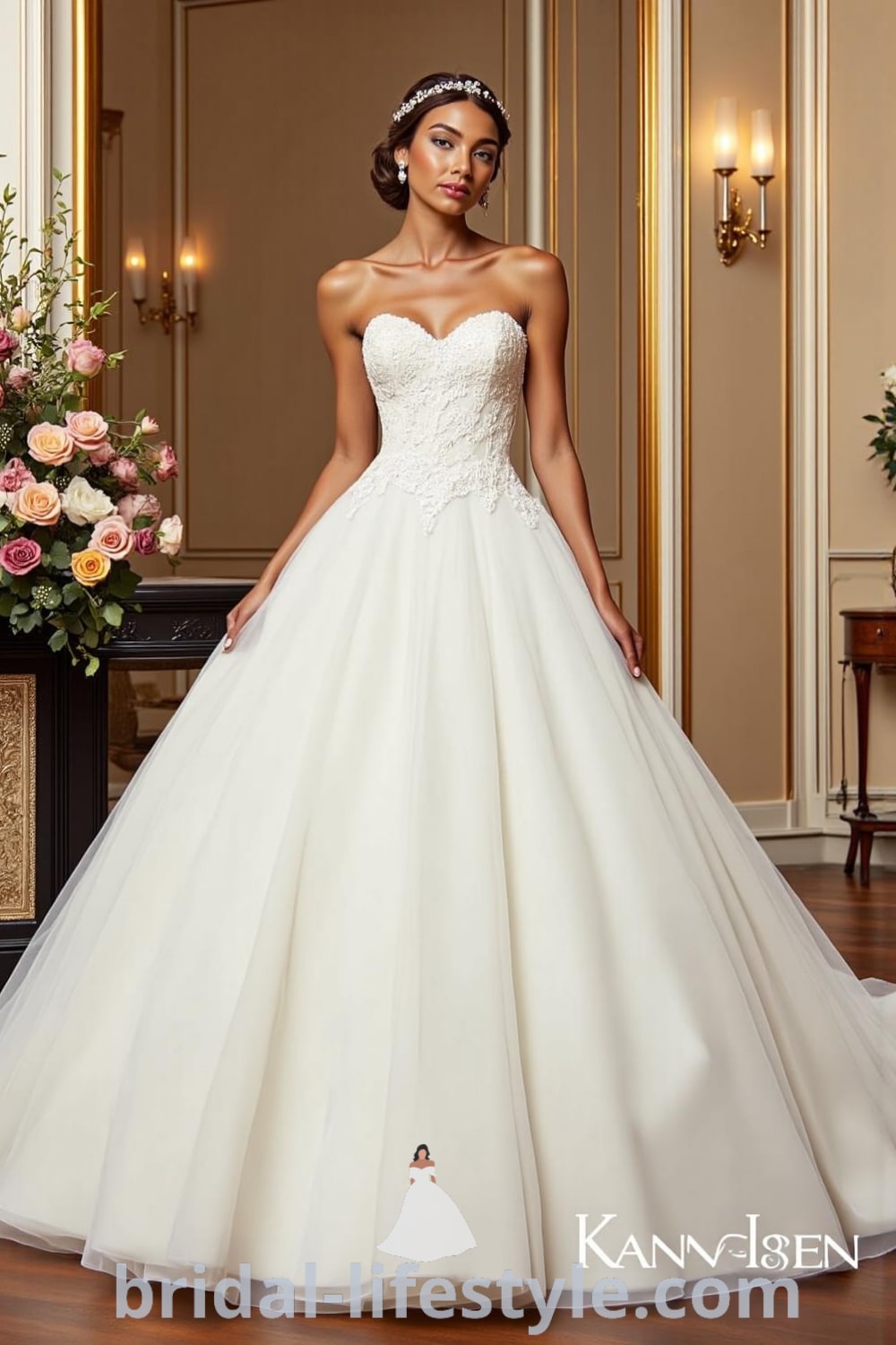 Princess Classy wedding dress with satin fitted bodice, lace appliqués, voluminous tulle skirt, sweetheart neckline, and sweep train. bridal-lifestyle.com