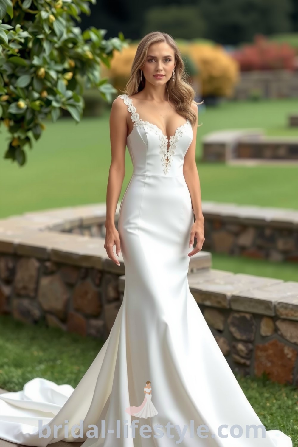 Elegant fit and flare wedding dress with a square neckline, luxurious satin fabric, and intricate lace embellishments, perfect for the special day. bridal-lifestyle.com