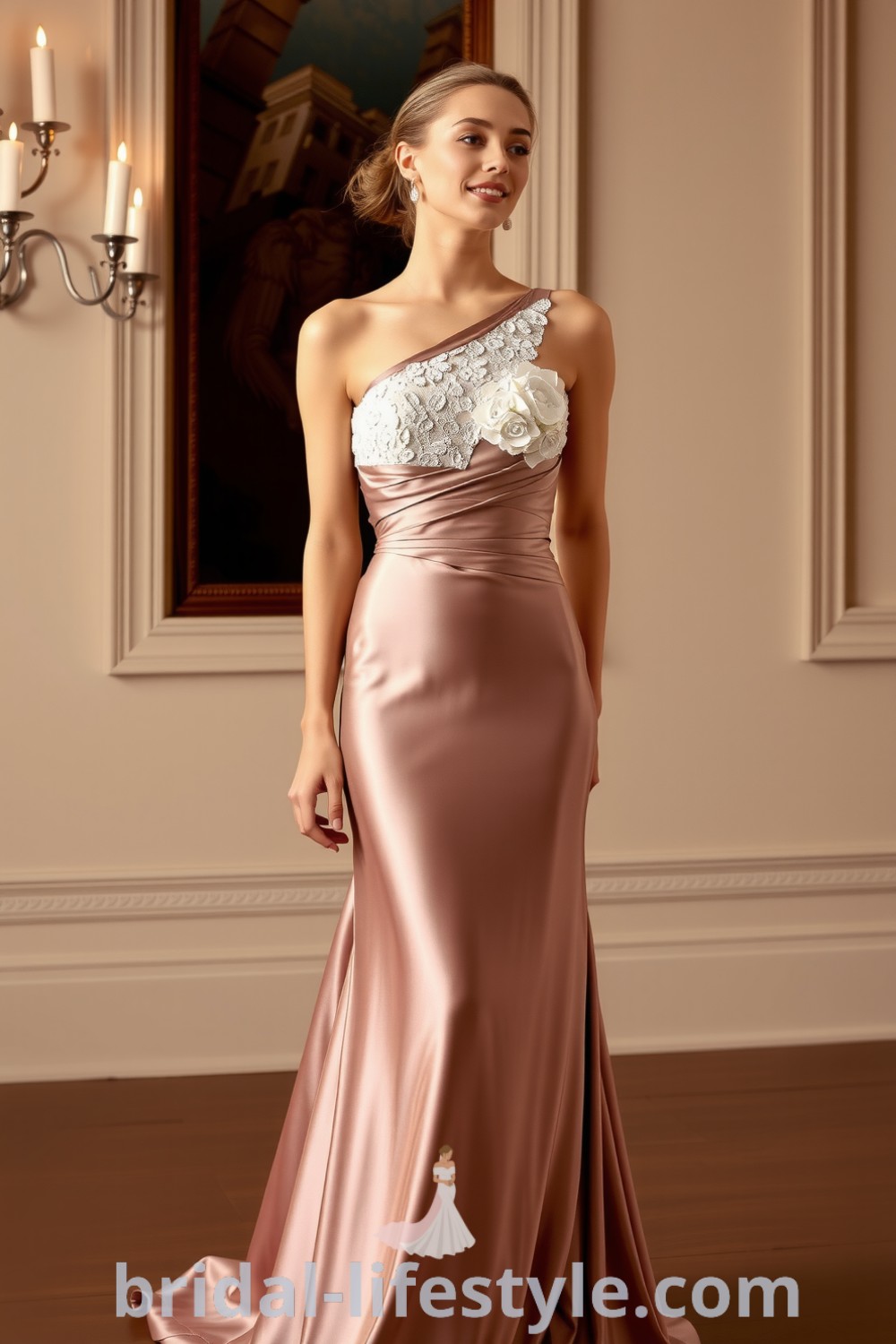 Stunning one-shoulder bridesmaid dress made from luxurious satin with floral lace overlay and flowing skirt, showcasing elegance for every bride