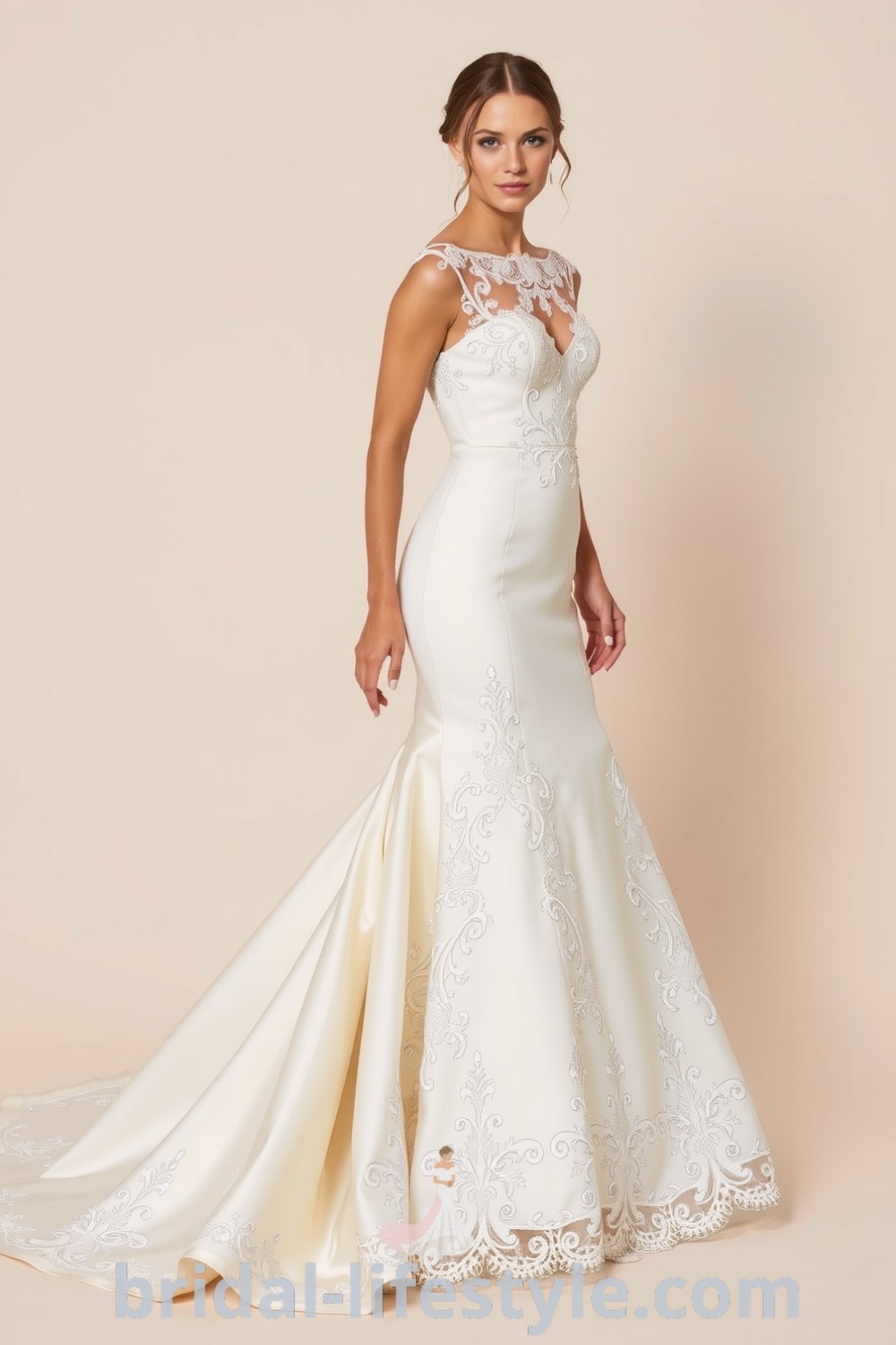 Elegant mermaid wedding dress with detachable skirt, luxurious satin fabric, intricate lace detailing, and a shimmering underlayer perfect for the special day. bridal-lifestyle.com