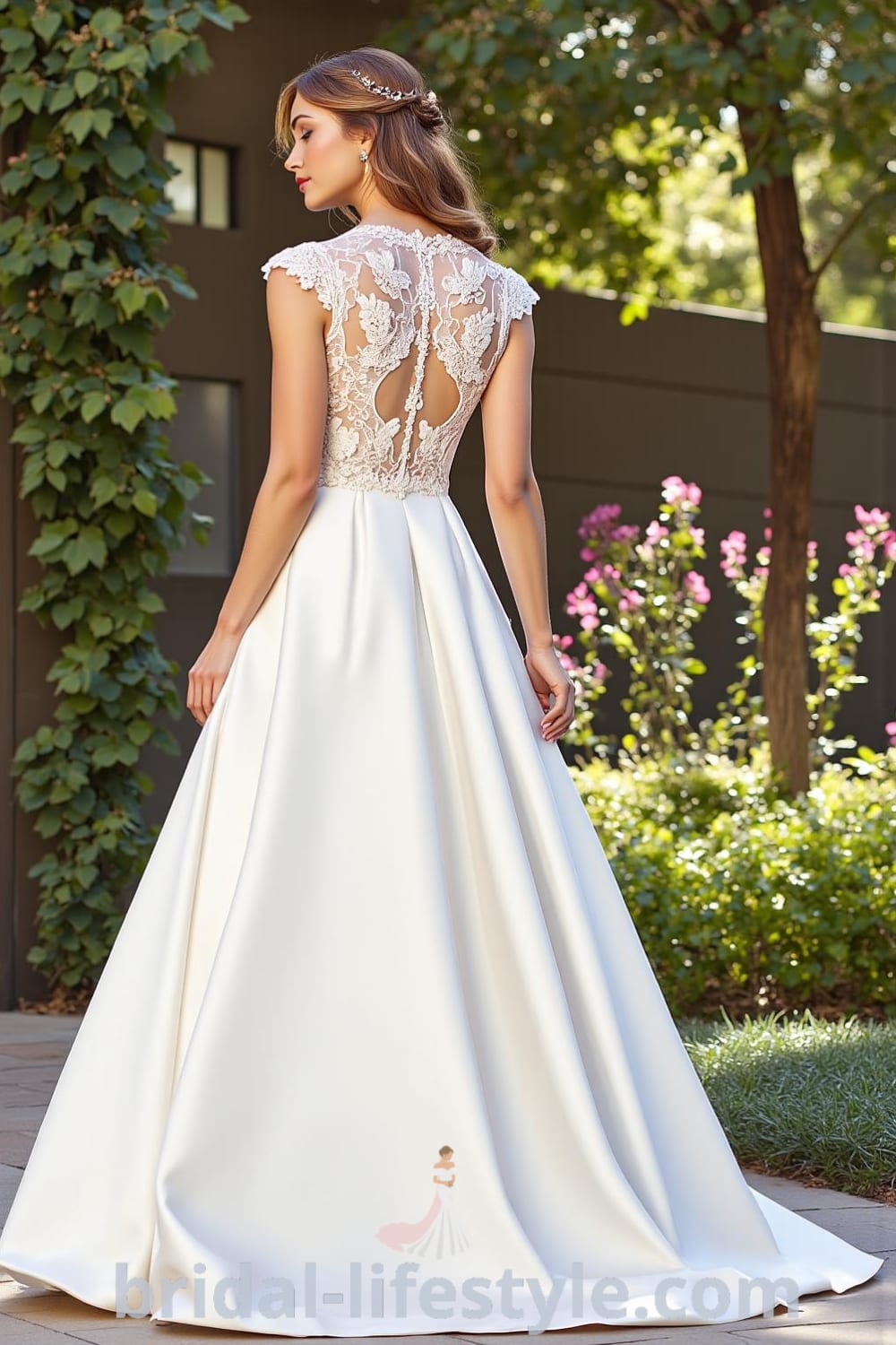 A-line wedding dress with a delicate lace bodice, flowing satin skirt, cap sleeves, high neckline, and intricate lace back detail with satin buttons. bridal-lifestyle.com
