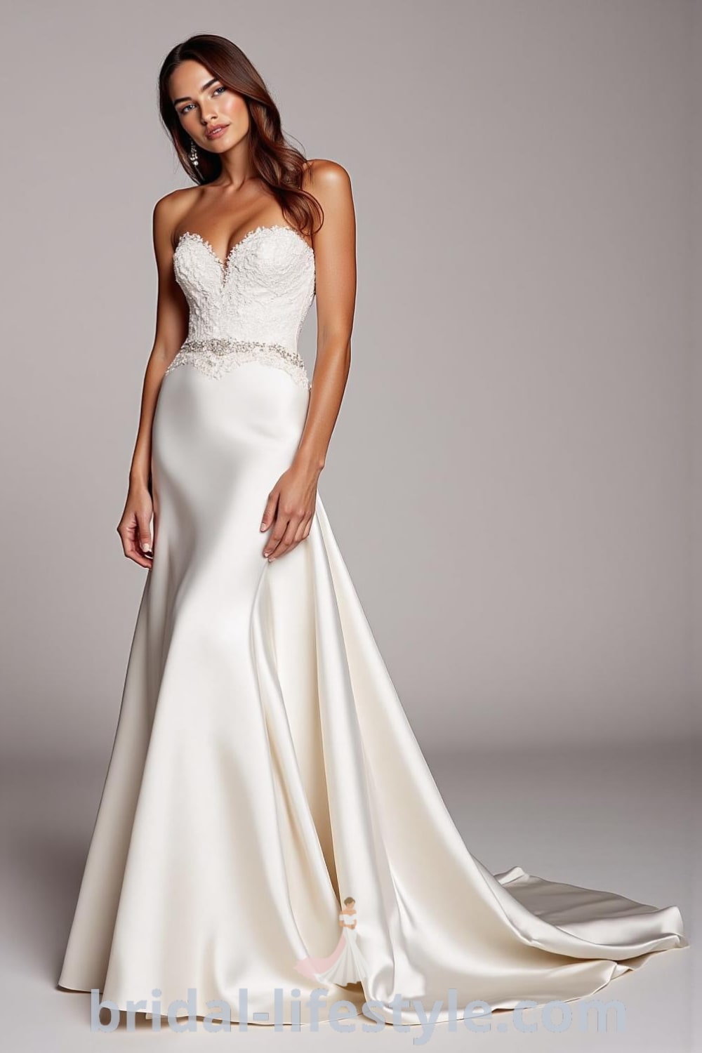 Elegant A-line wedding dress with sweetheart neckline, luxurious satin fabric, flowing skirt, intricate lace appliqués, and delicate beading. bridal-lifestyle.com