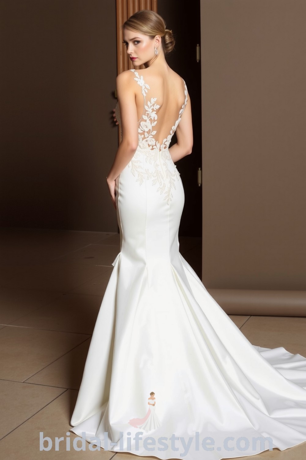 Fit and flare wedding dress made of luxurious satin with open back, embellished with delicate lace appliqués, highlighting elegance and timeless charm. bridal-lifestyle.com