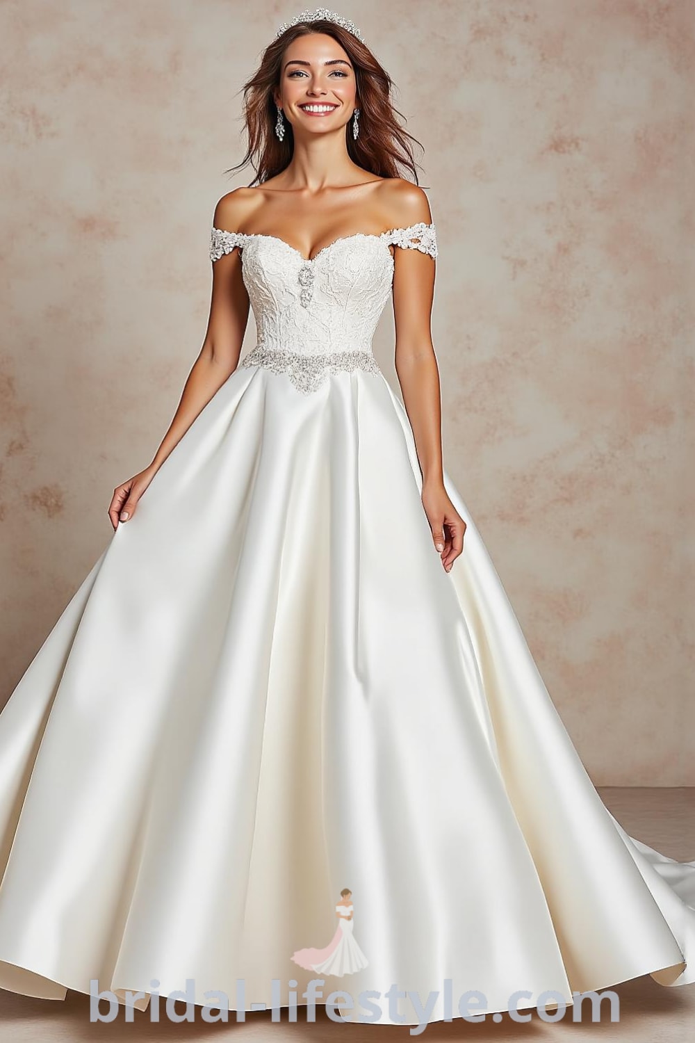 Princess wedding dress with voluminous satin skirt, intricate lace detailing, sweetheart neckline, and off-shoulder sleeves. bridal-lifestyle.com