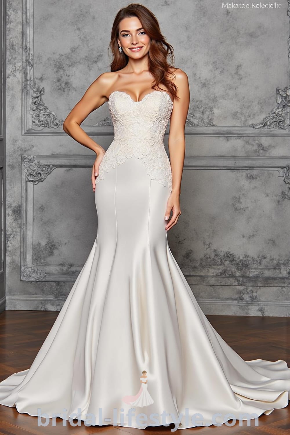 Mermaid wedding dress made of satin with strapless design, intricate lace detailing on the bodice, and cascading dramatic train. bridal-lifestyle.com