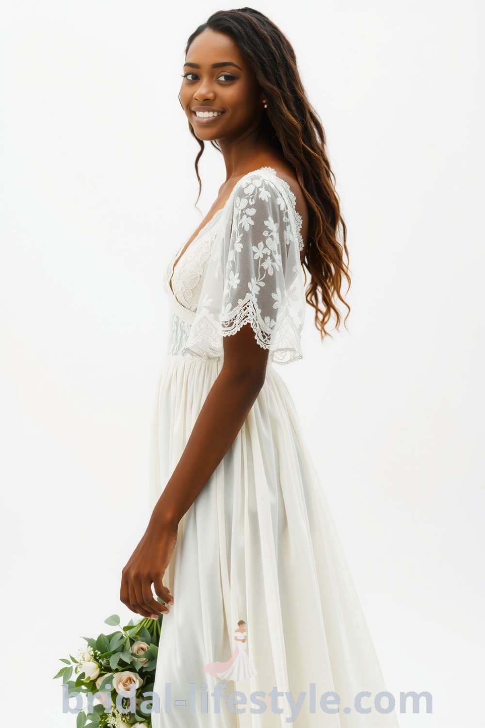 Boho wedding dress in ivory lace and chiffon with floral embroidery, featuring a relaxed fit and billowy sleeves, designed for romantic outdoor ceremonies. bridal-lifestyle.com