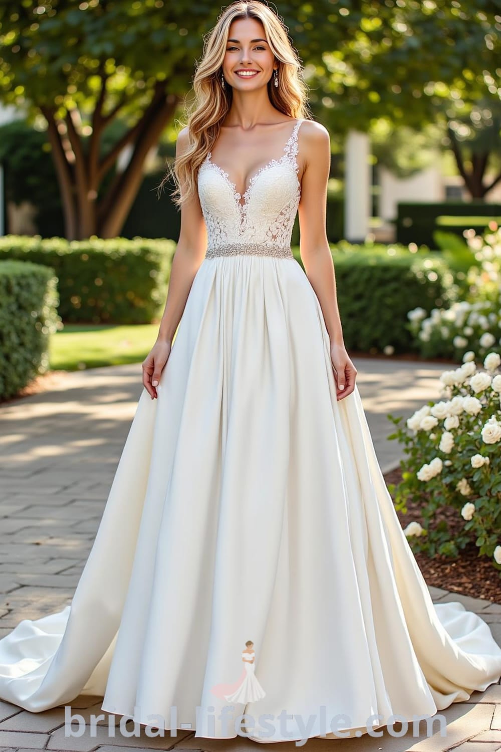 Classic A-line satin wedding dress with a draped skirt, structured bodice featuring ruching, and a beaded waistband, exuding elegance. bridal-lifestyle.com