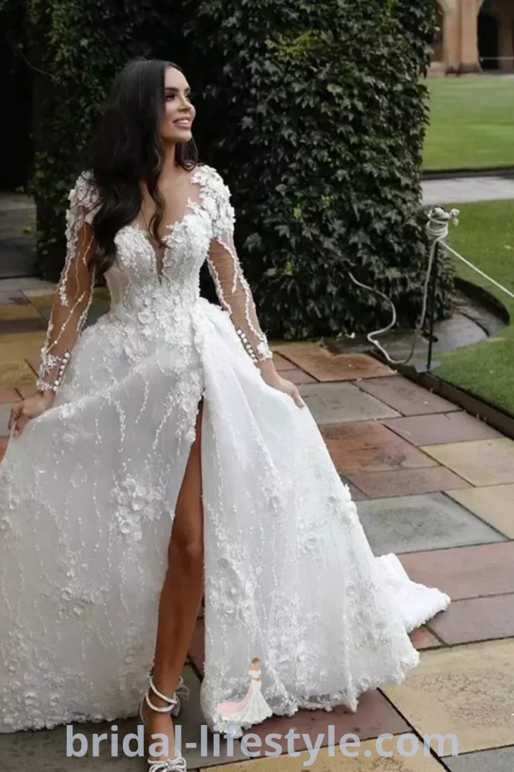 A woman in an elegant white wedding dress standing on a brick walkway with her legs spread out, embodying a dreamy bridal aesthetic. This romantic style offers inspiration for every bride