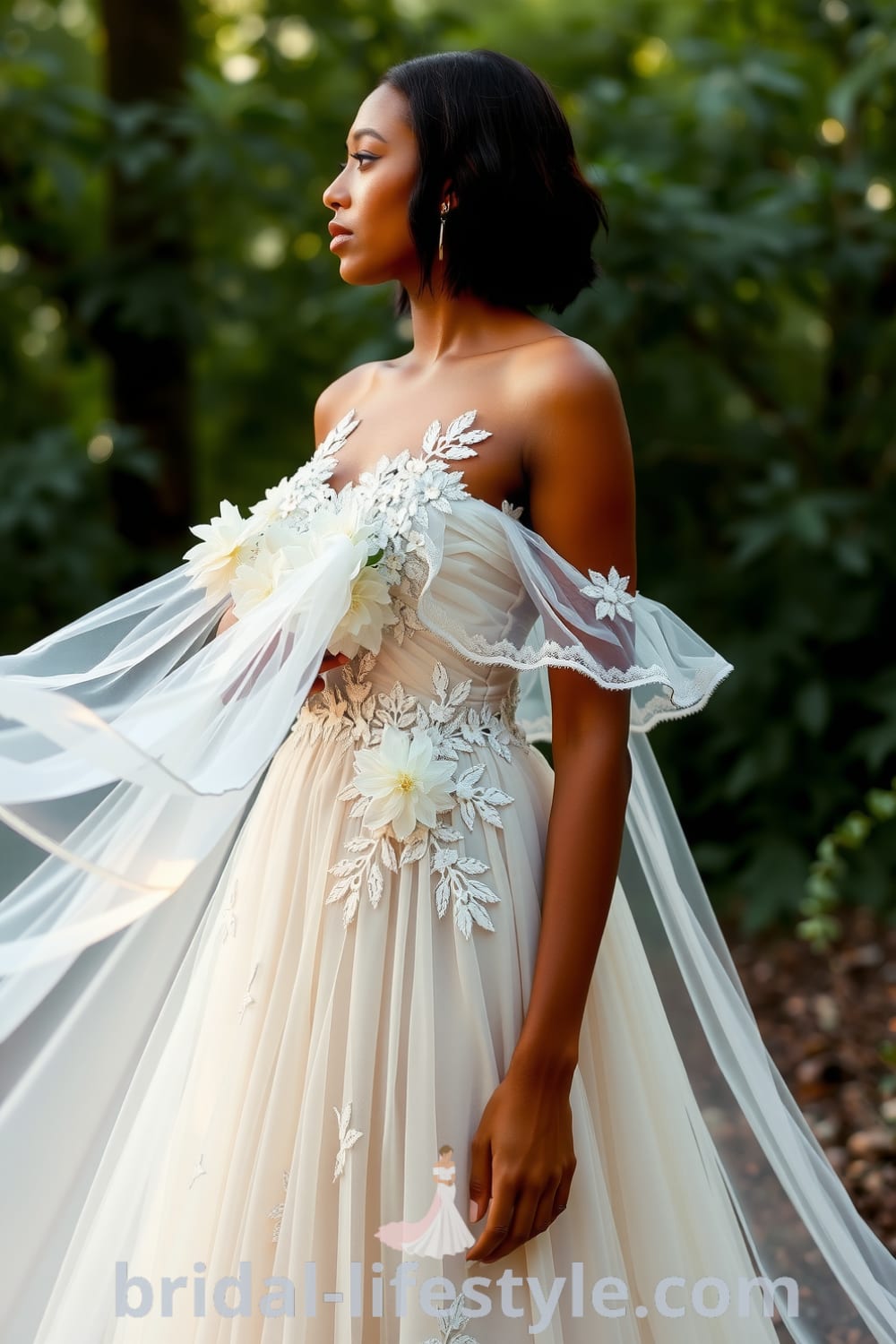 A Black bride wearing a boho floral A-line wedding dress made of chiffon and lace, featuring floral appliqués and an off-the-shoulder neckline in a nature-inspired setting. bridal-lifestyle.com