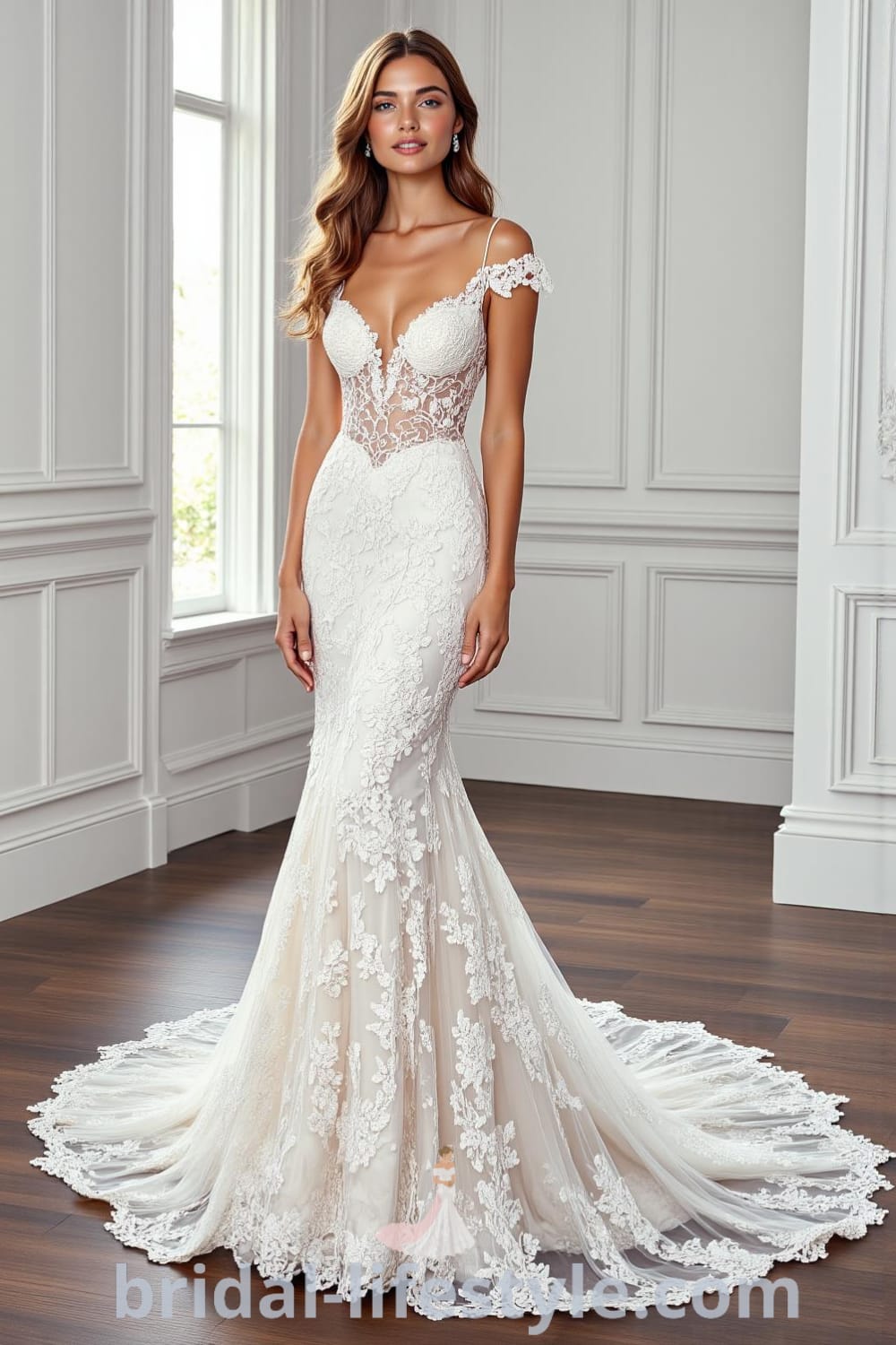 Mermaid wedding dress with intricate lace, illusion neckline, delicate cap sleeves, and a lace-edged train, showcasing a stunning silhouette. bridal-lifestyle.com