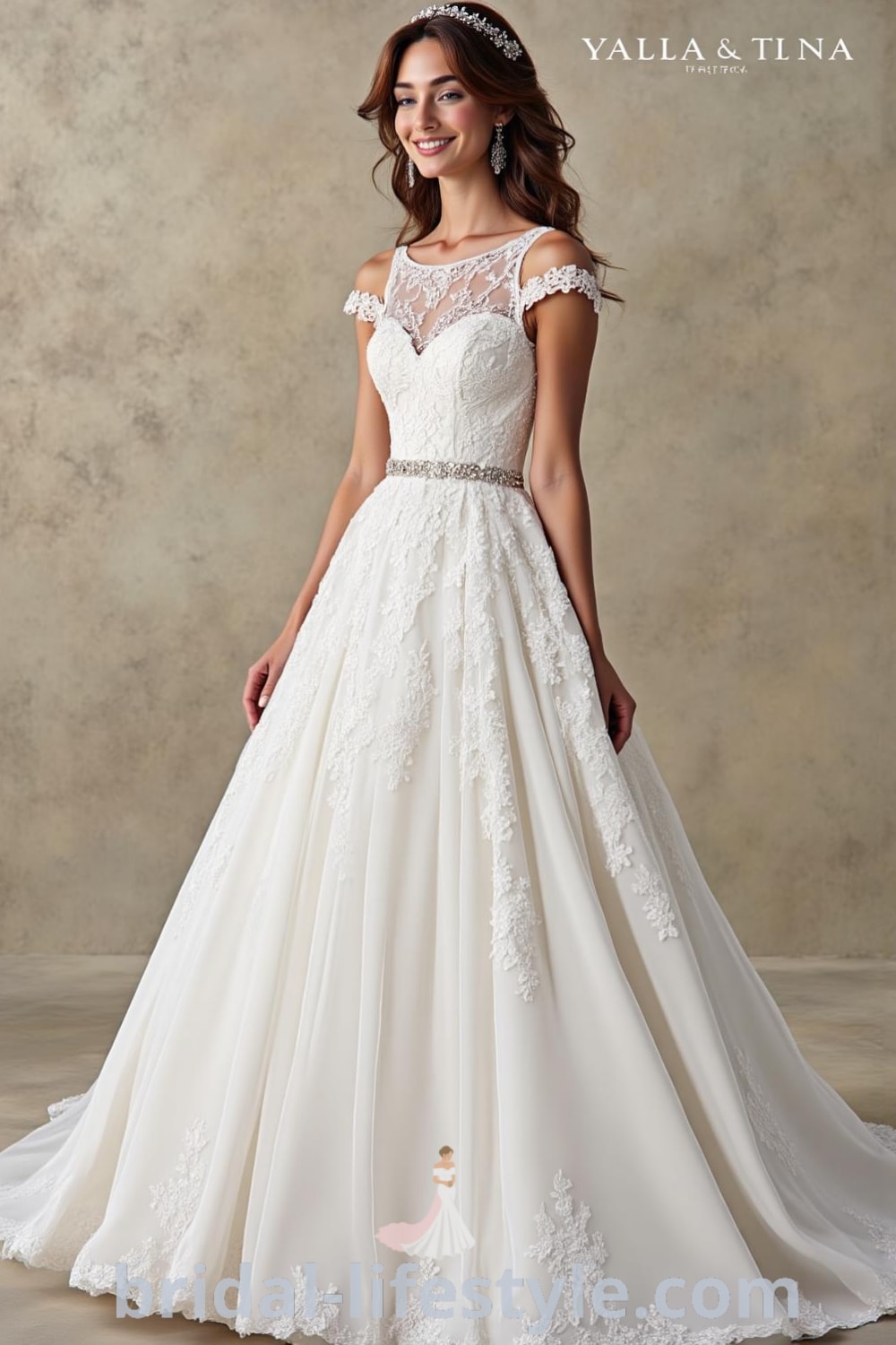 A-line wedding dress with lace overlays, sweetheart neckline, flowing skirt, and cap sleeves, featuring a full train for a romantic look. bridal-lifestyle.com