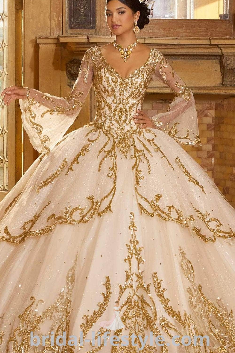An elegant woman in a white and gold wedding dress, showcasing romantic details and dreamy aesthetics, perfect for every bride