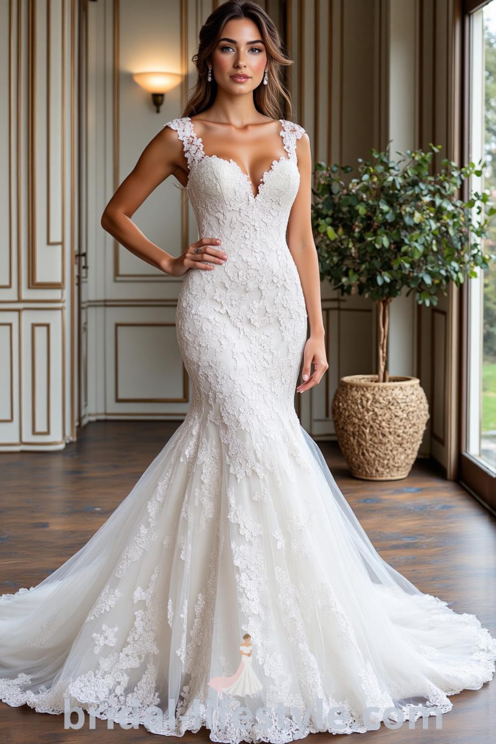 Mermaid wedding dress with intricate lace, scalloped hemlines, sweetheart neckline, layered lace details, and floral appliqués. bridal-lifestyle.com