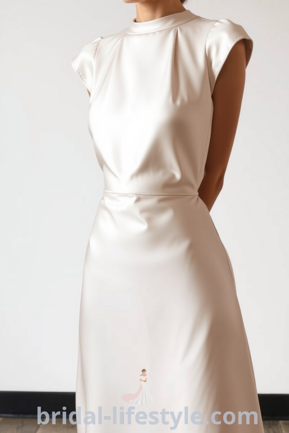 Chic minimalist mini wedding dress in luxurious satin with a sleek silhouette, high neckline, and cap sleeves, embodying contemporary elegance. bridal-lifestyle.com