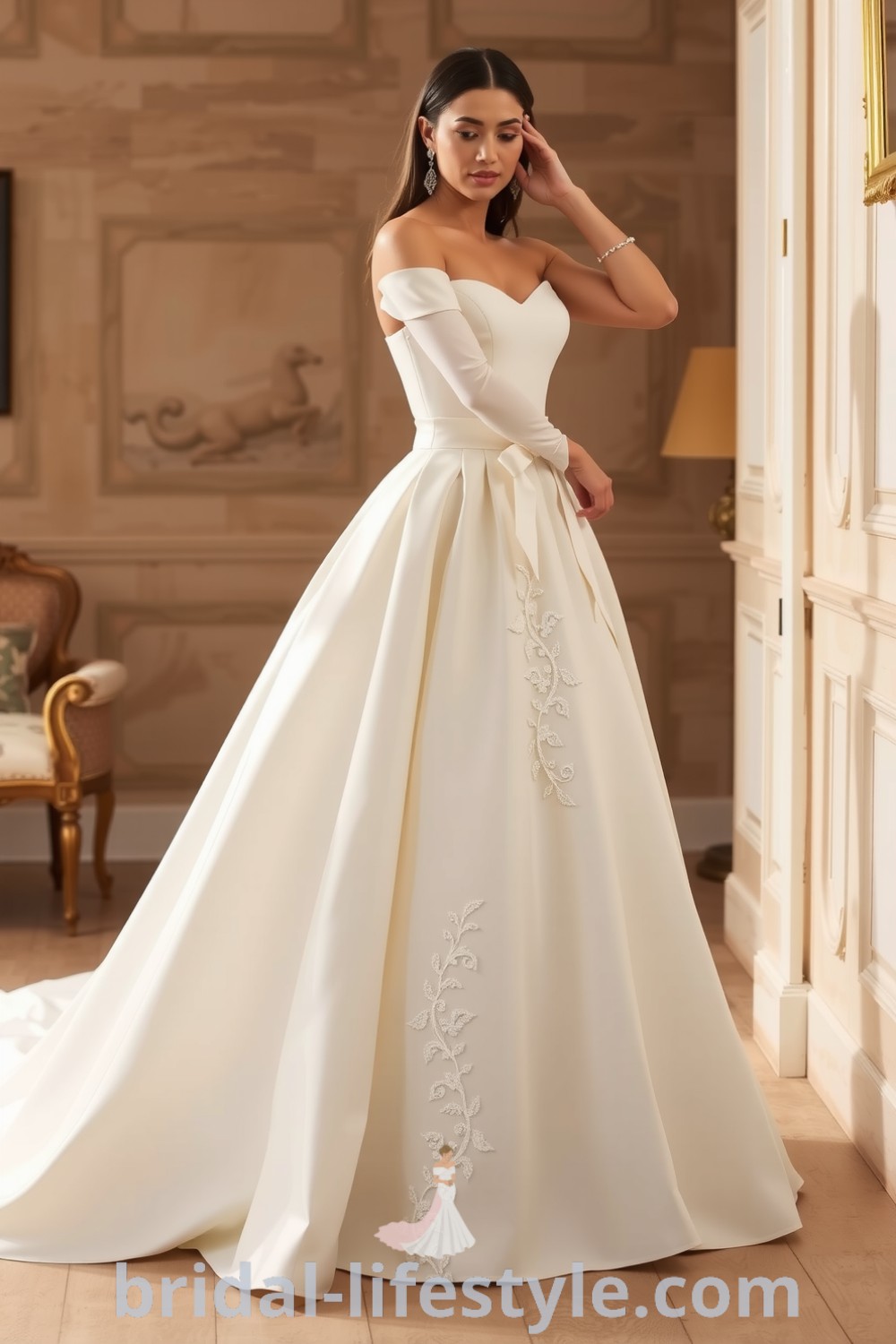 Fit and flare wedding dress with a square neckline, luxurious satin fabric, and delicate lace appliqués, perfect for dreamy brides. bridal-lifestyle.com