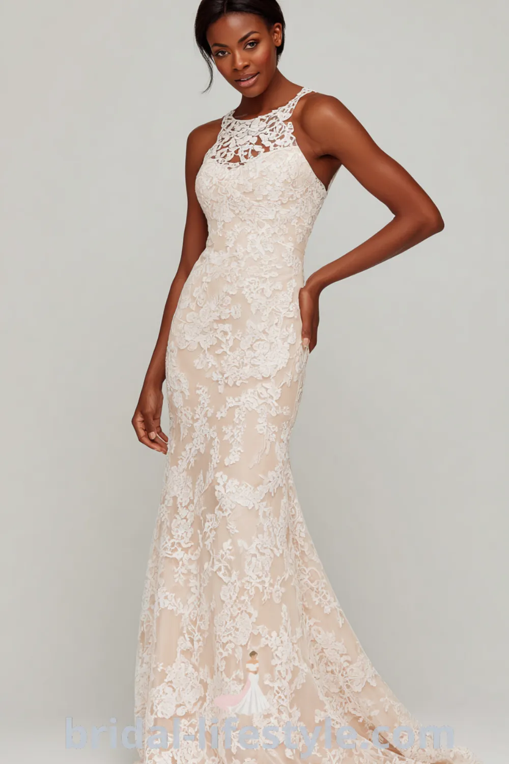 Mermaid lace wedding dress with intricate lace details, fitted lace bridal gown, elegant garden wedding look, romantic bridal inspiration.