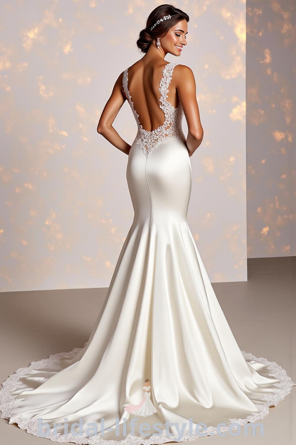Satin mermaid wedding dress featuring a fitted silhouette, delicate train, and open back with lace detailing, ideal for brides seeking elegance. bridal-lifestyle.com