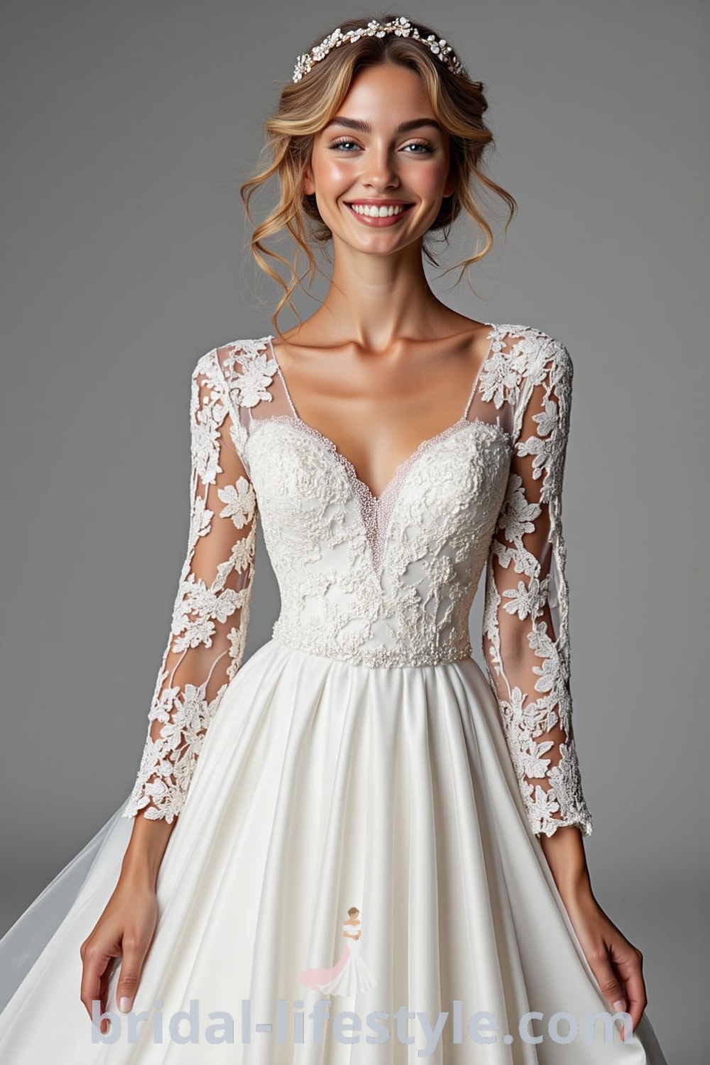 A-line wedding dress with long sheer lace sleeves, fitted bodice adorned with floral embroidery, flowing satin skirt, and a subtle train. bridal-lifestyle.com