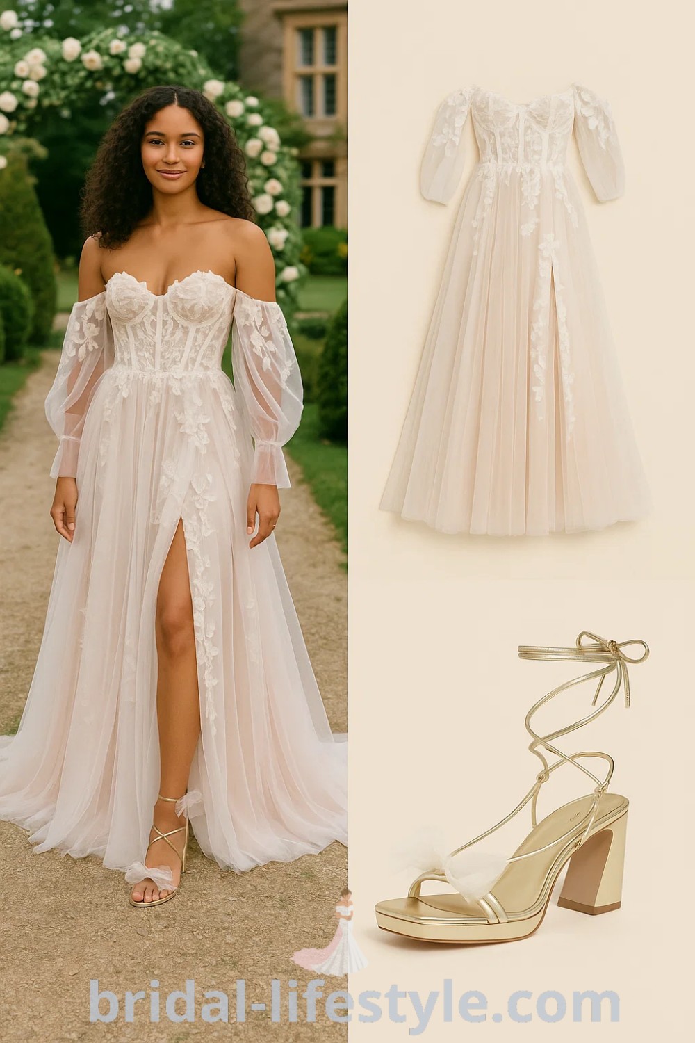 Gorgeous light beige and cream A-Line Lace wedding dress with off-shoulder style, flowing maxi skirt, and embellished details, complemented by strappy gold heels, perfect for a bridal gown in a romantic setting. Discover more at pinshoesoutfits.com.