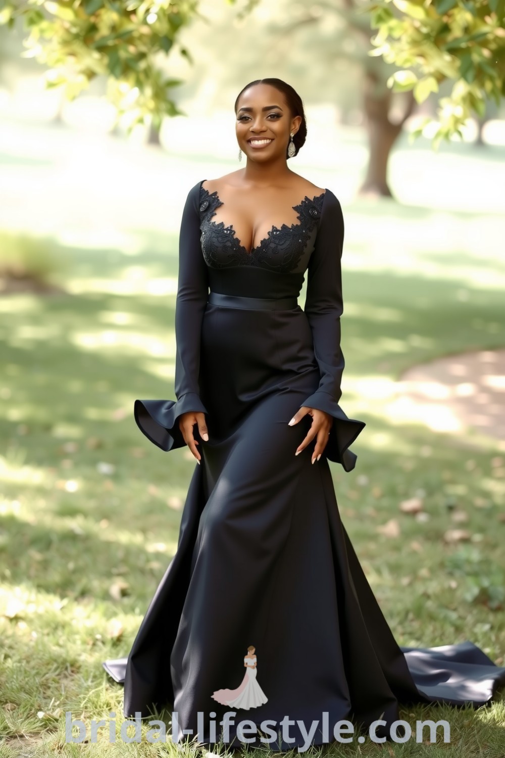 A Black bride in a stunning boho black wedding dress made of flowing satin, featuring intricate lace detailing at the bodice and long billowing sleeves, perfect for an outdoor ceremony. bridal-lifestyle.com