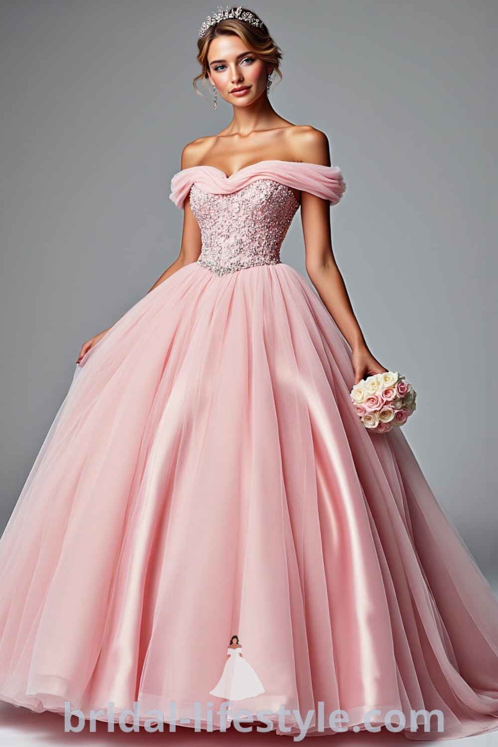 A stunning princess ballgown featuring a beaded bodice, voluminous tulle skirt, and off-the-shoulder straps, perfect for brides on their special day. bridal-lifestyle.com