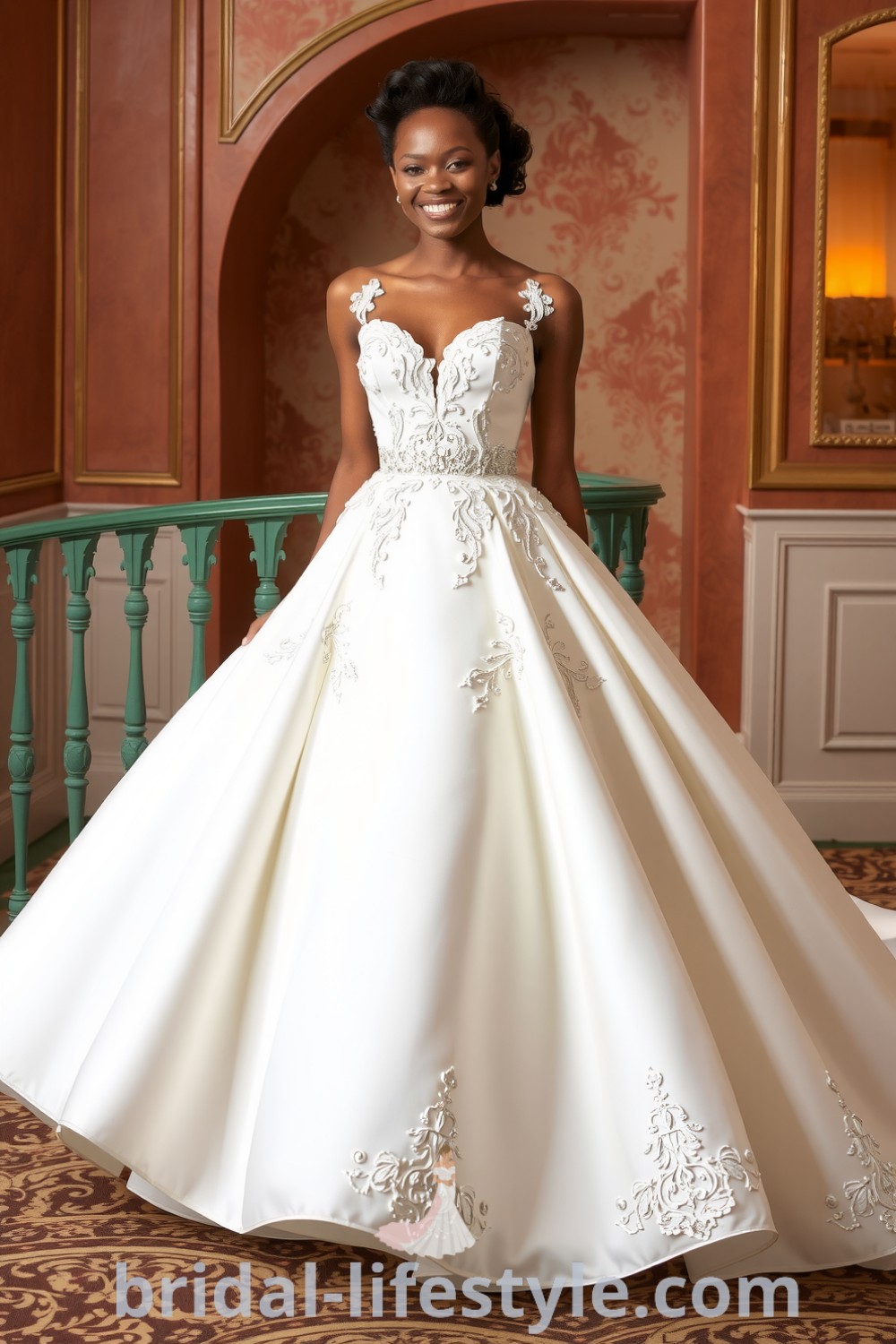 Elegant ball gown wedding dress with a sweetheart neckline, intricate lace appliqués, flowing satin skirt, and delicate beadwork, perfect for dreamy brides on their special day. bridal-lifestyle.com