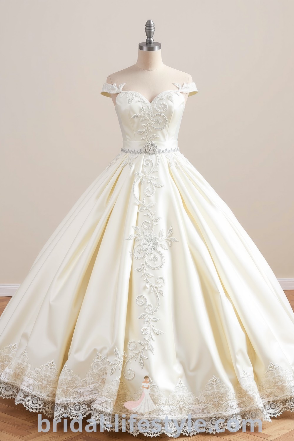 A stunning princess ballgown with layers of satin, intricate lace appliqué, a sweetheart neckline, and embellished waist, designed for dreamy brides and elegant wedding styles. bridal-lifestyle.com
