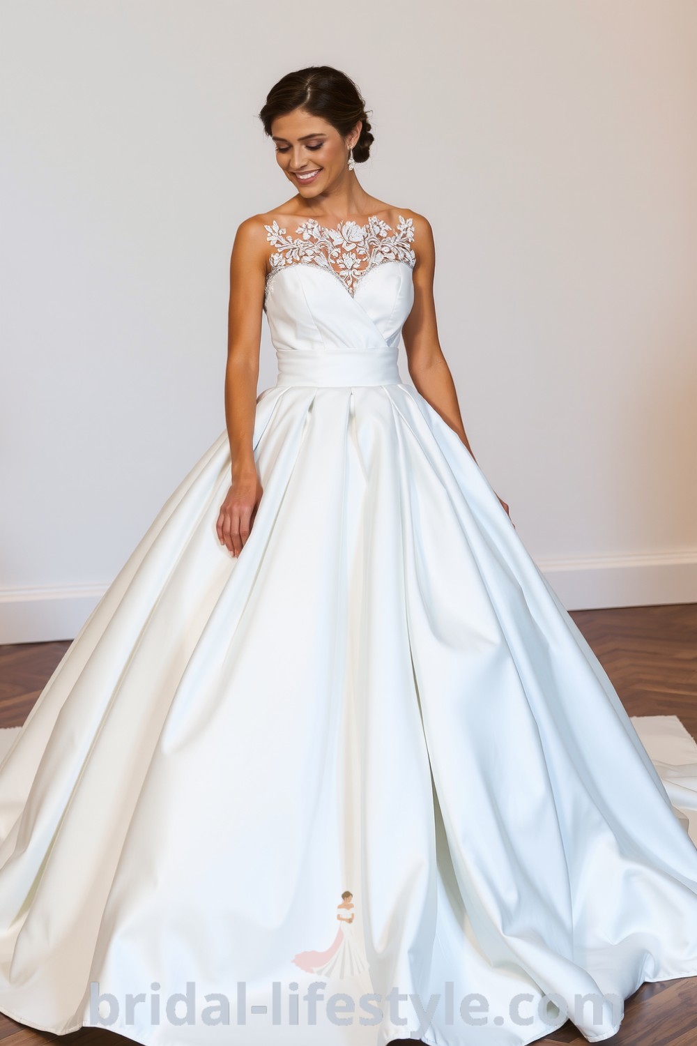 Elegant satin ballgown with a sweetheart neckline, intricate lace appliqués, and a full skirt that catches the light. Inspired looks for dreamy brides on bridal-lifestyle.com.