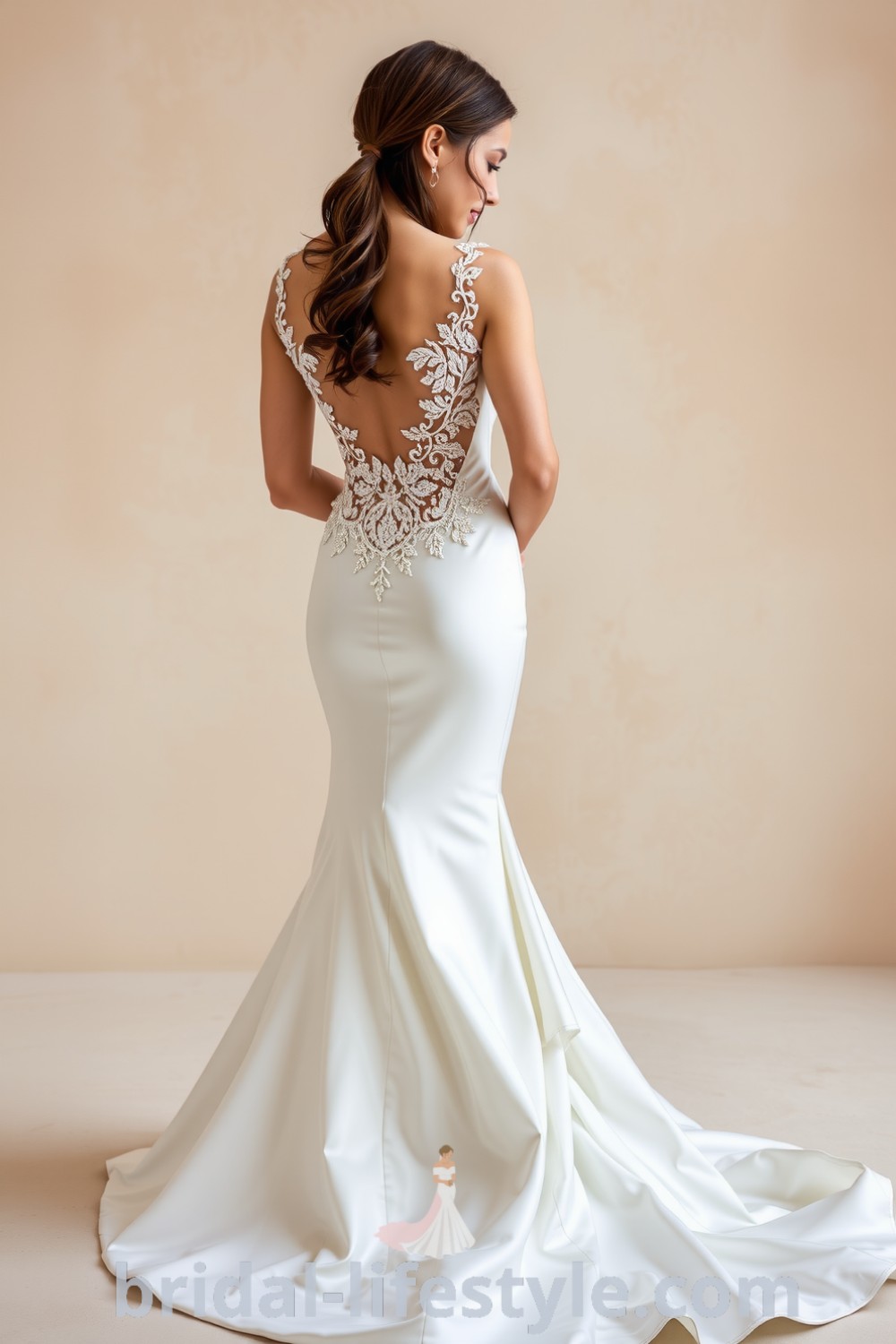 Elegant mermaid wedding dress with satin fabric, open back adorned with lace appliqués, perfect for romantic ceremonies and dreamy brides. bridal-lifestyle.com