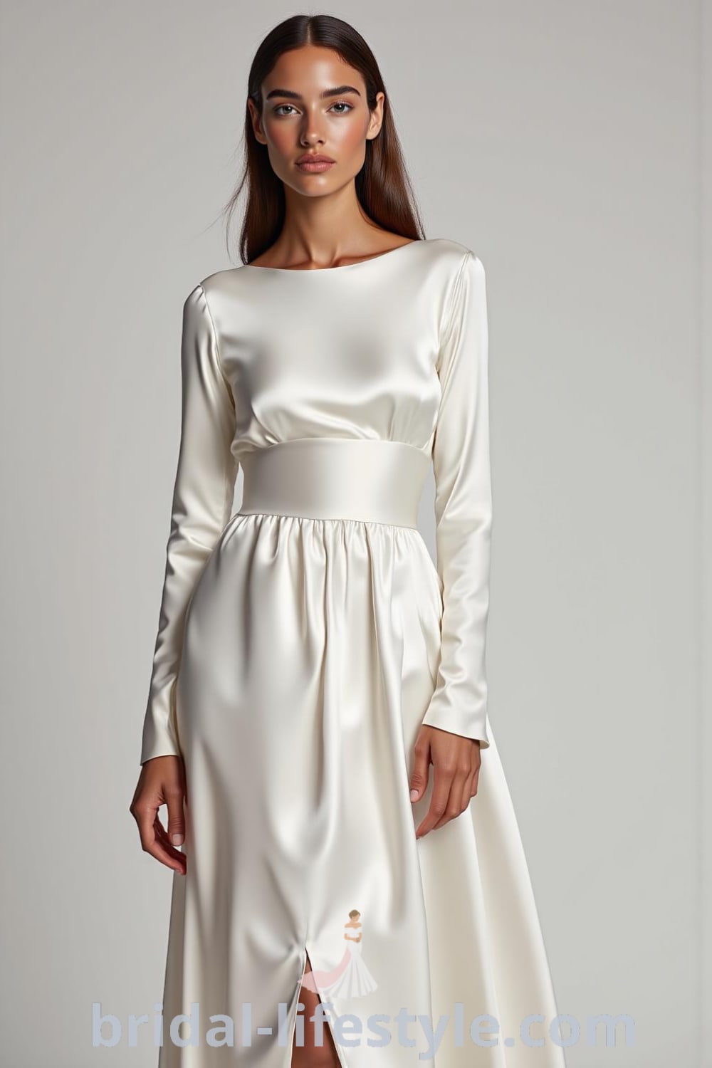 Elegant minimalist long sleeve wedding dress in luxurious satin with fitted bodice, softly flared skirt, and boat neckline, available on bridal-lifestyle.com.
