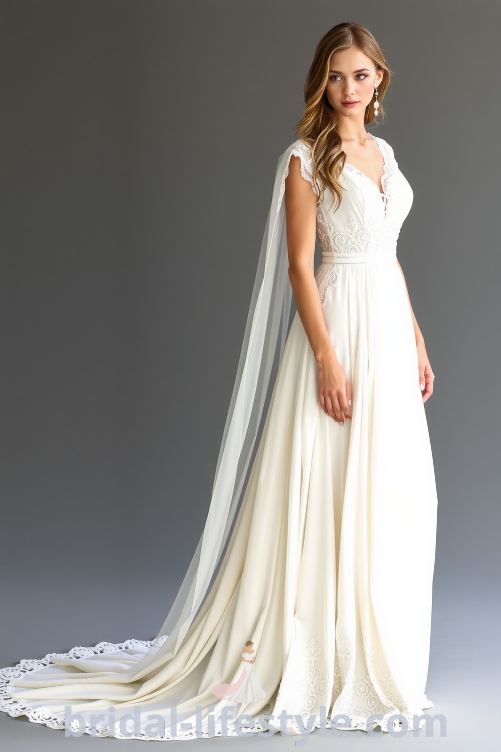 Boho beach wedding dress with A-line silhouette, intricate lace overlays, soft cap sleeves, and subtle train, exuding elegance and charm for dreamy brides. bridal-lifestyle.com