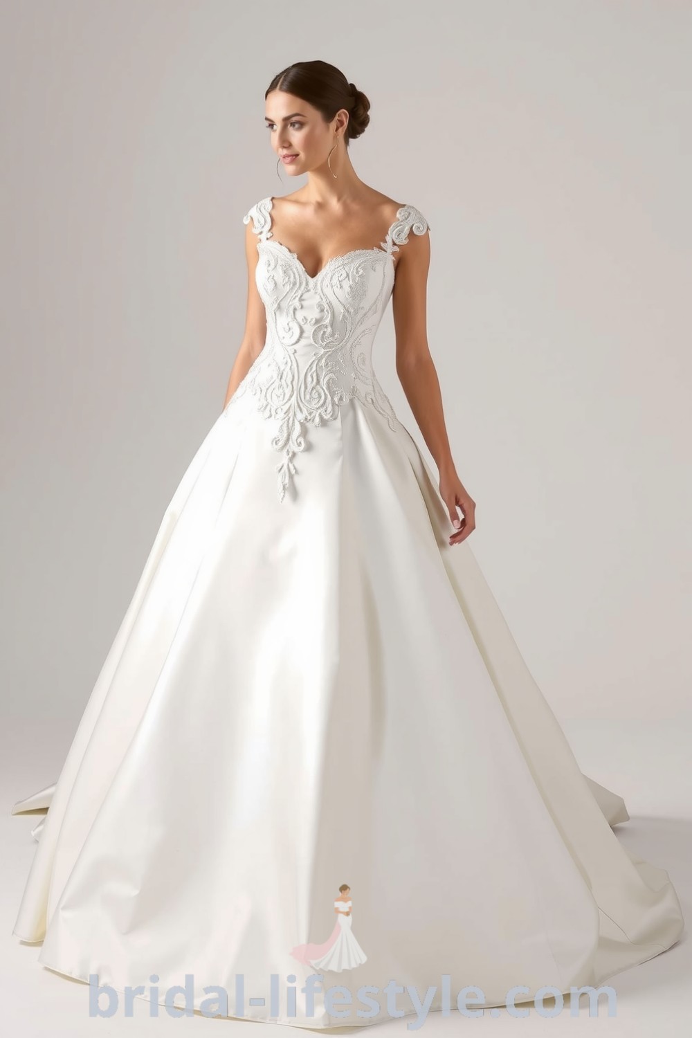 Elegant fit and flare wedding dress with square neckline, crafted from luxurious satin and featuring delicate lace appliqués for a romantic silhouette. bridal-lifestyle.com