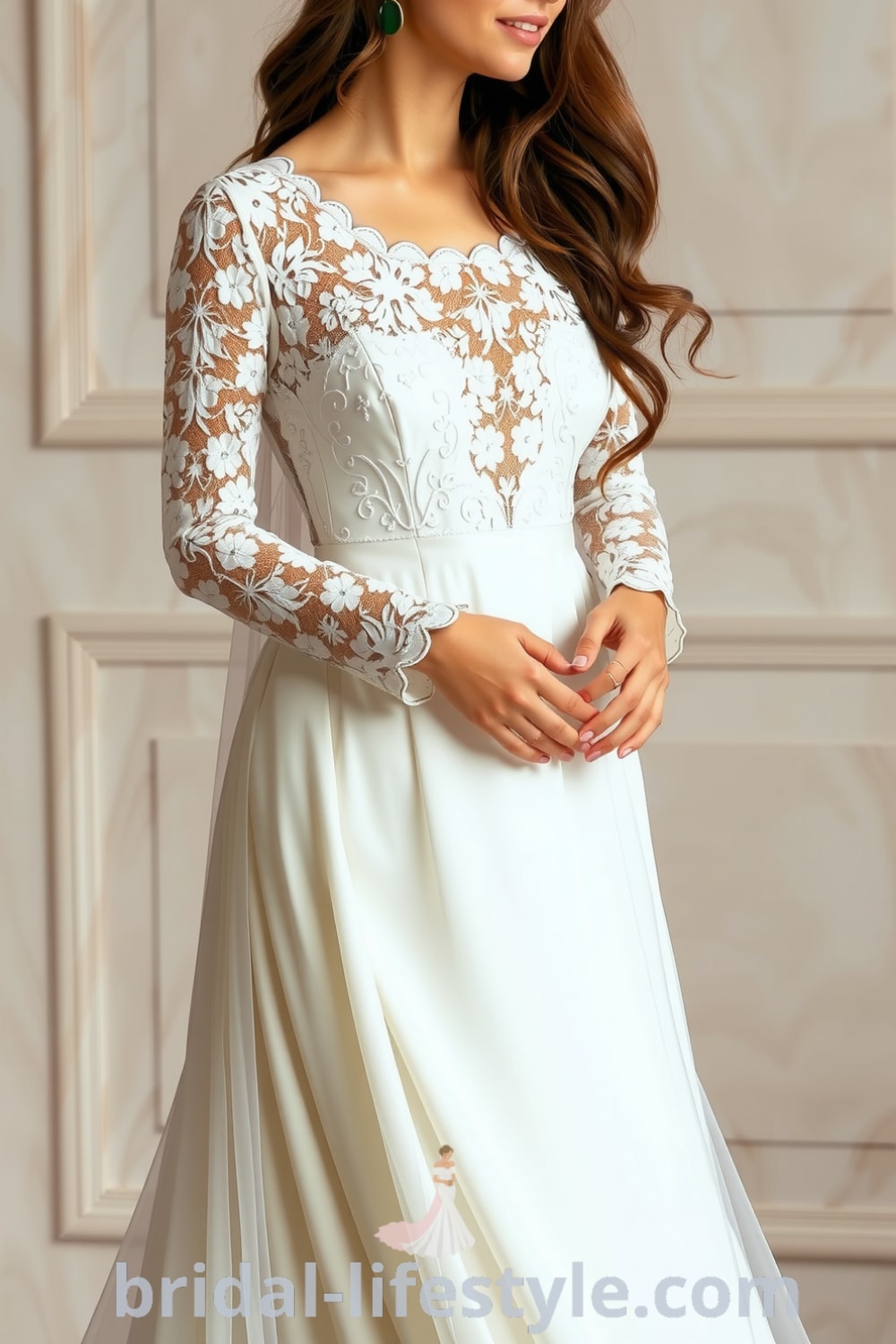 A bride wearing an elegant boho long sleeve lace wedding dress with floral lace overlays and scalloped sleeve edges, complemented by a flowing skirt. bridal-lifestyle.com