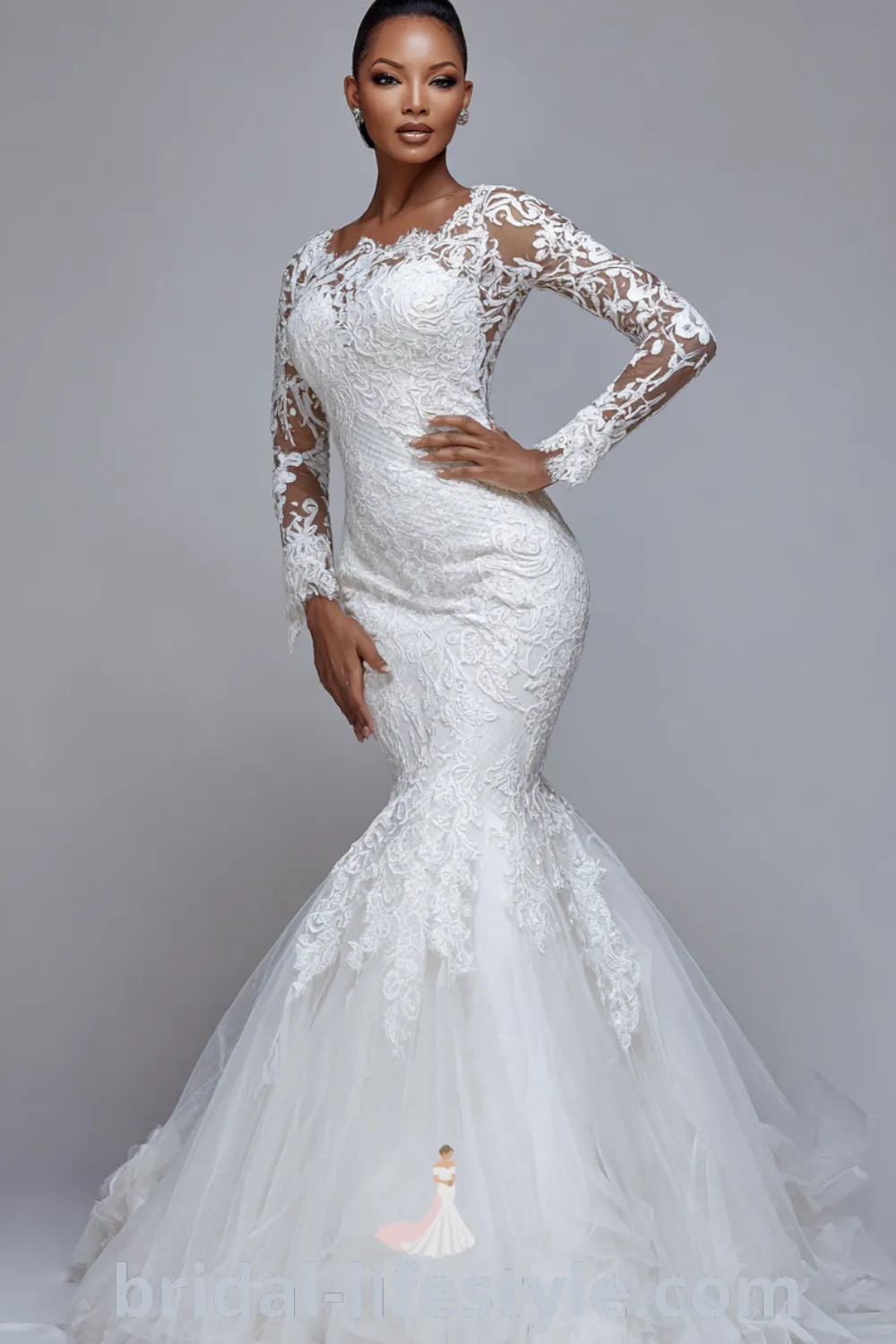 Elegant lace mermaid wedding dress with fitted lace, long sleeves, dramatic flared skirt, timeless bridal style.