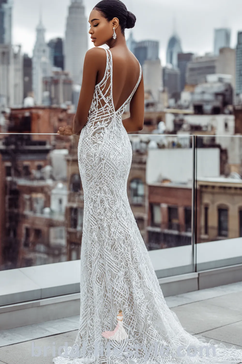 Elegant mermaid lace wedding dress with geometric patterns, fitted lace bridal gown, chapel train lace, sophisticated bridal style.