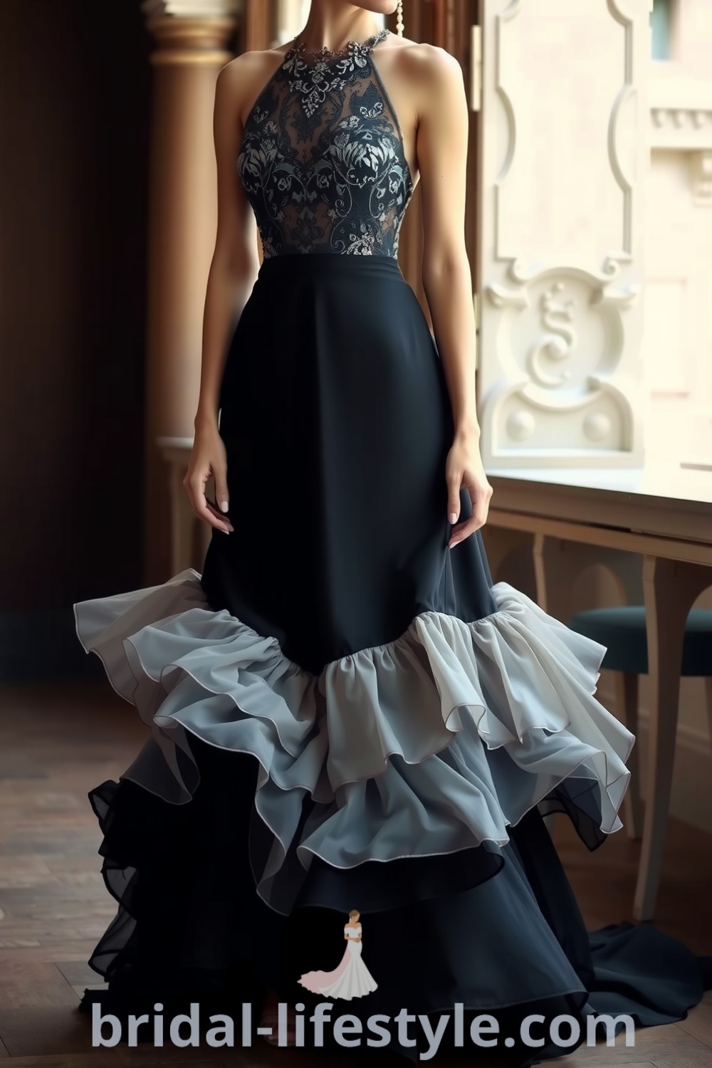 Chic Boho black wedding dress with flowing chiffon layers, intricate lace detailing, fitted bodice with high neckline, and whimsical layered skirt. bridal-lifestyle.com