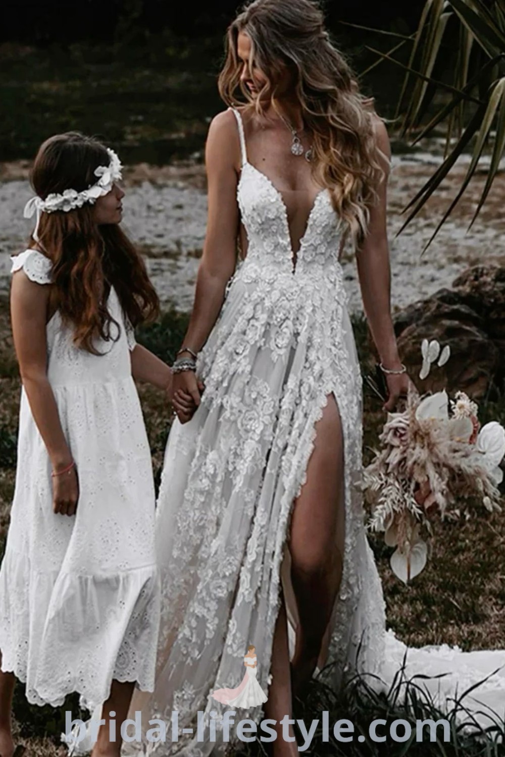 Two women in elegant white dresses holding hands at their wedding vow renewal, inspired by boho themes and nature. This scene offers dreamy wedding dress ideas and is perfect for brides looking for unique styles, showcased at bridal-lifestyle.com.