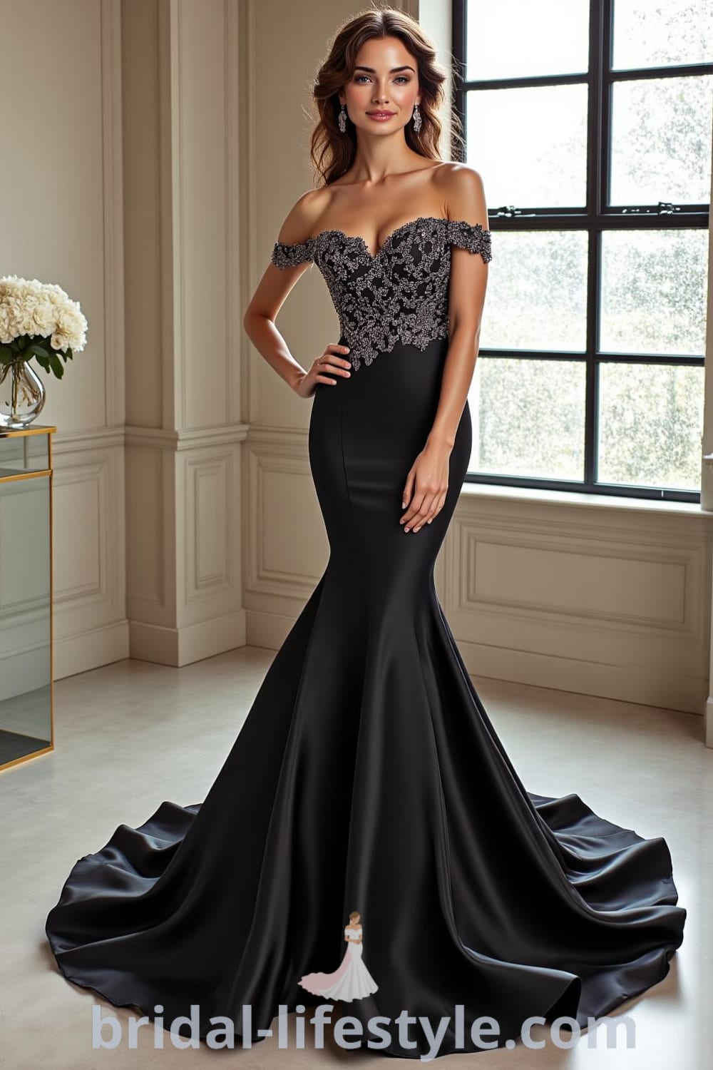 Stunning black satin mermaid wedding dress with sweetheart neckline, lace appliqués, and a dramatic train, designed for the modern bride. pinshoesoutfits.com