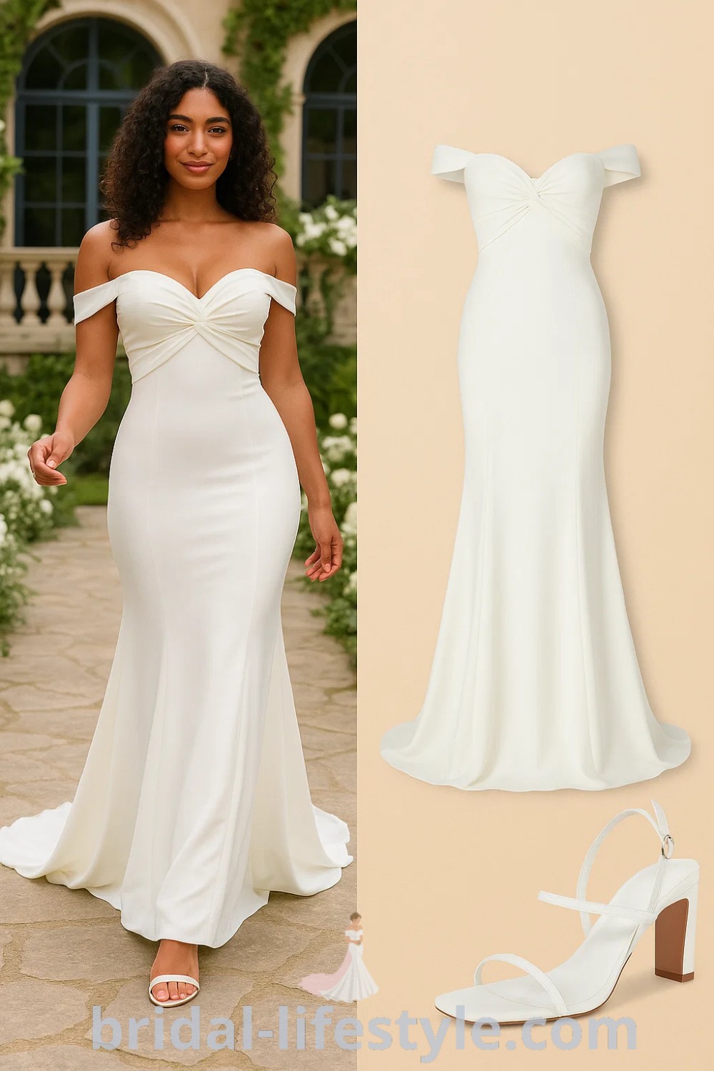 elegant fitted mermaid wedding dress in white with off-the-shoulder style and flared bottom, complemented by strappy block heel white shoes. Ideal for weddings, formal events, and proms. Available at pinshoesoutfits.com.